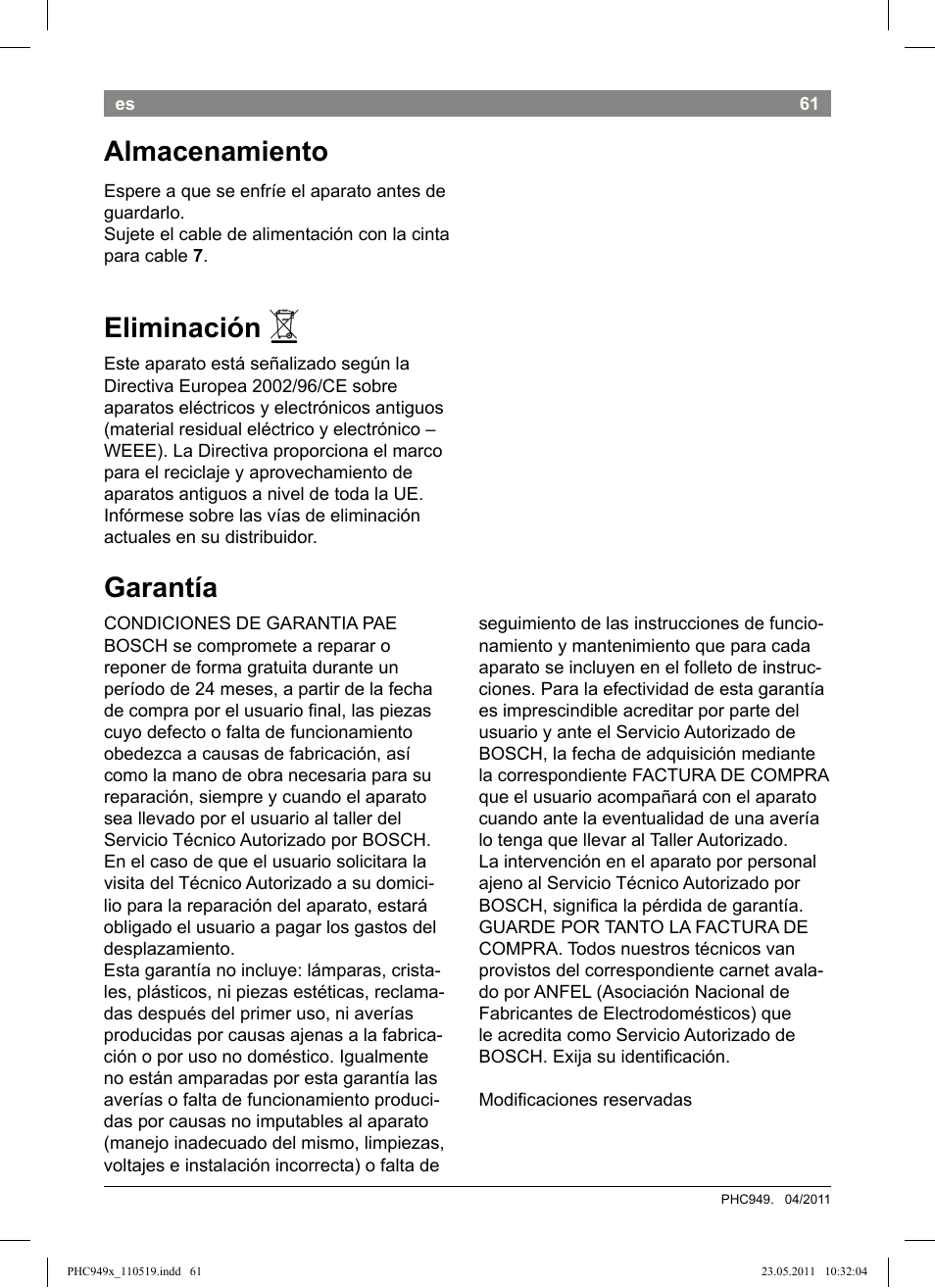 Almacenamiento, Eliminación, Garantía | Bosch PHC9490 Lockenstab ProSalon User Manual | Page 63 / 116