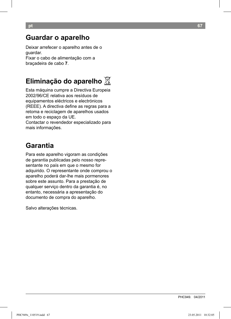 Guardar o aparelho, Eliminação do aparelho, Garantia | Bosch PHC9490 Lockenstab ProSalon User Manual | Page 69 / 116