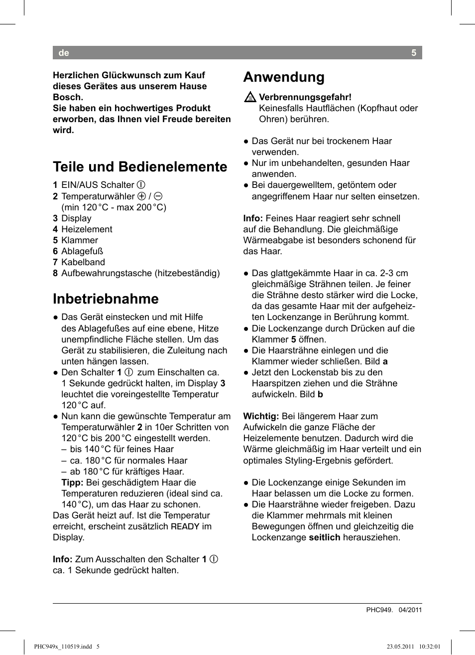 Teile und bedienelemente, Inbetriebnahme, Anwendung | Bosch PHC9490 Lockenstab ProSalon User Manual | Page 7 / 116