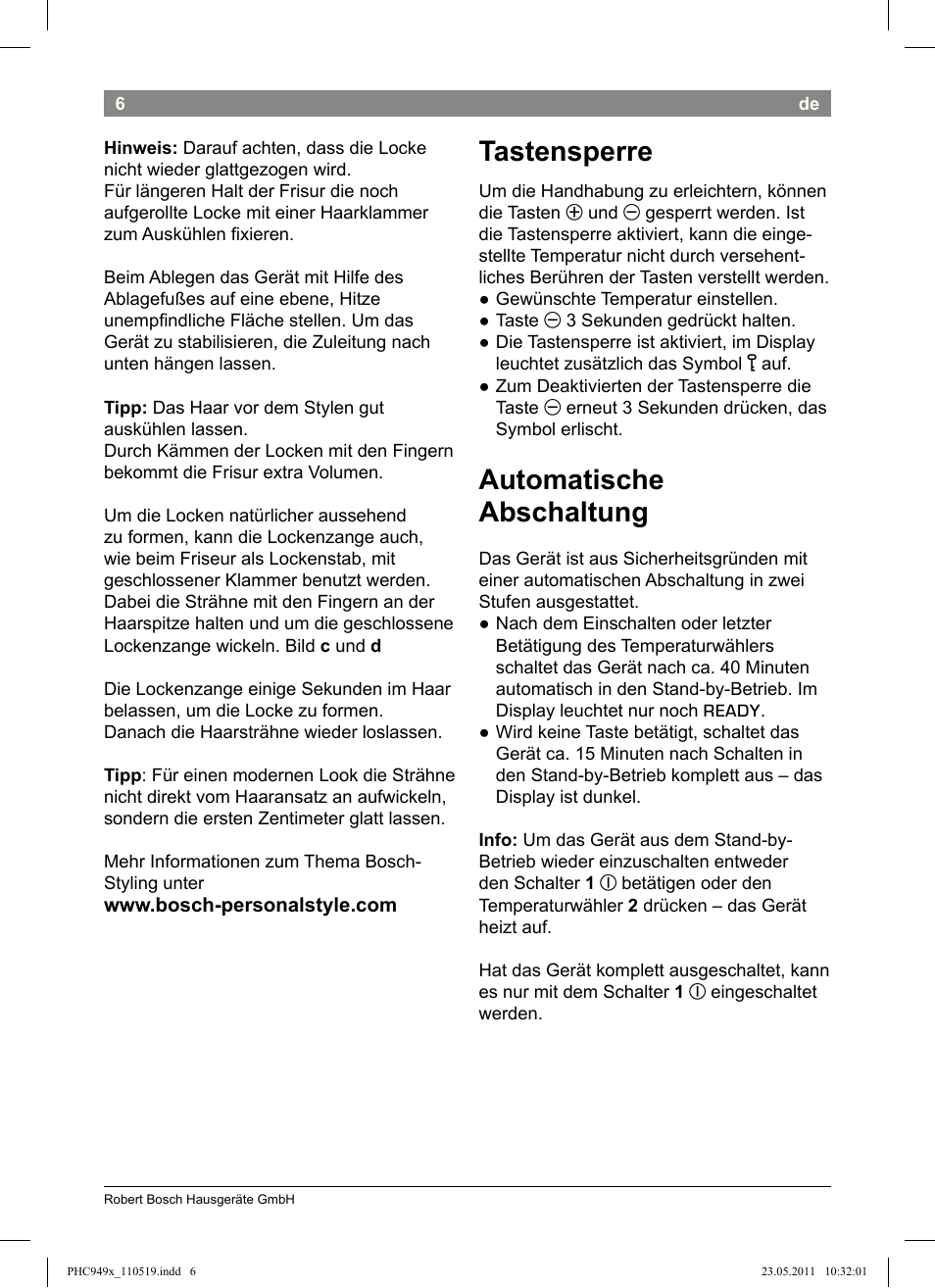 Tastensperre, Automatische abschaltung | Bosch PHC9490 Lockenstab ProSalon User Manual | Page 8 / 116