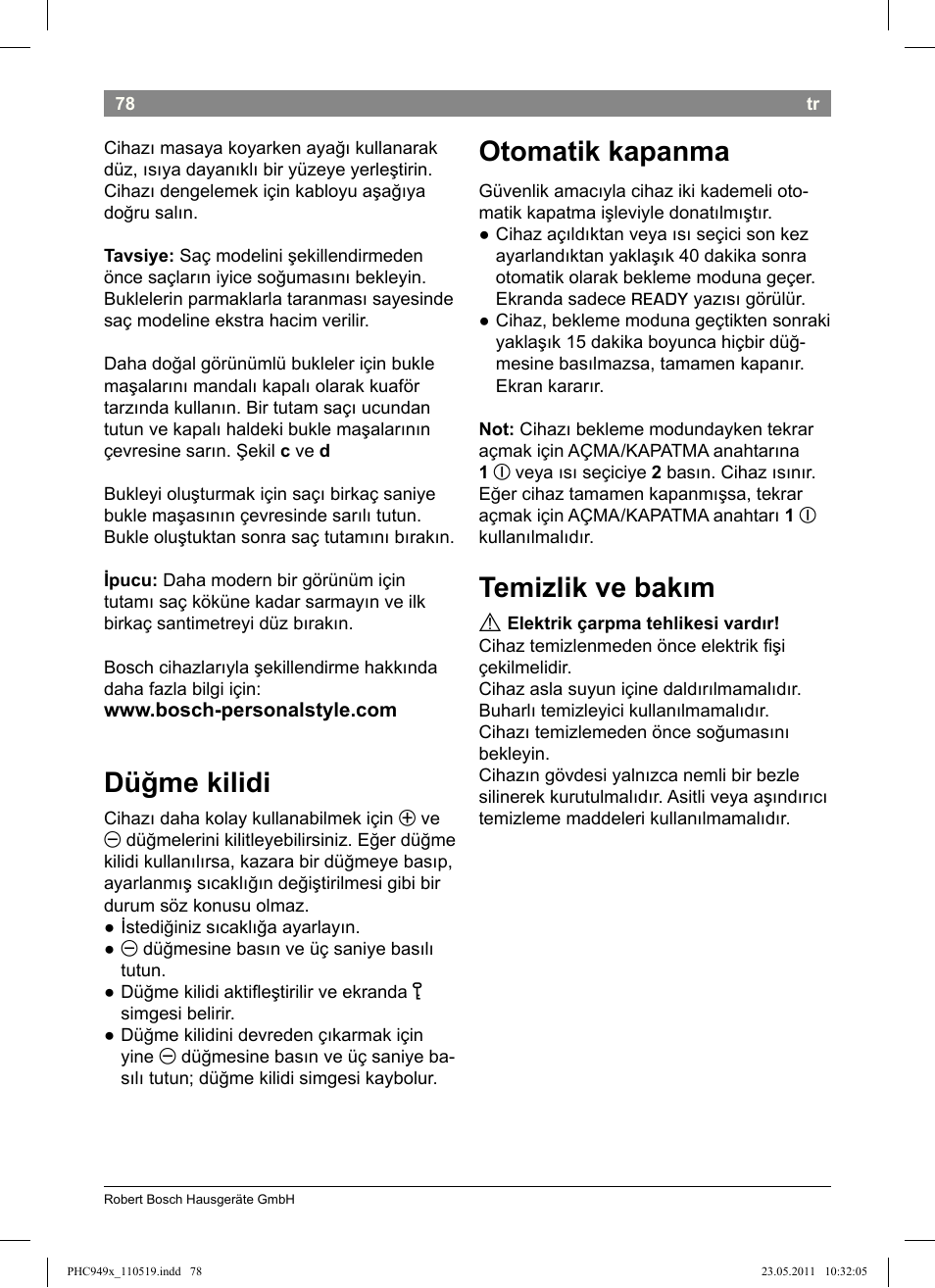 Düğme kilidi, Otomatik kapanma, Temizlik ve bakım | Bosch PHC9490 Lockenstab ProSalon User Manual | Page 80 / 116