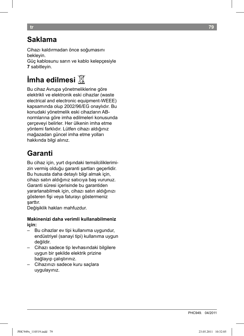 Saklama, Imha edilmesi, Garanti | Bosch PHC9490 Lockenstab ProSalon User Manual | Page 81 / 116