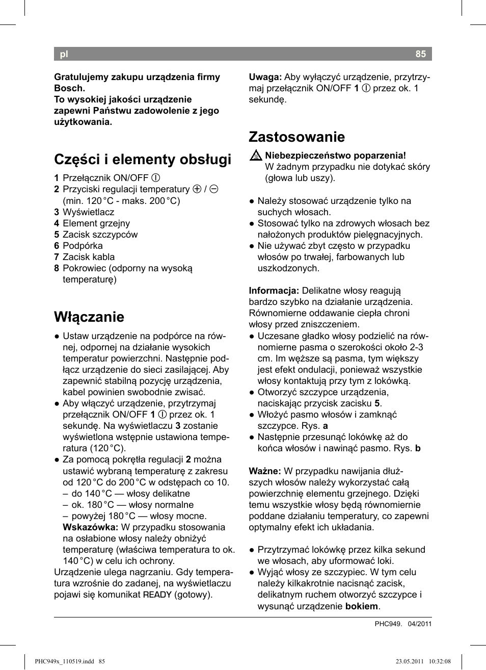 Części i elementy obsługi, Włączanie, Zastosowanie | Bosch PHC9490 Lockenstab ProSalon User Manual | Page 87 / 116