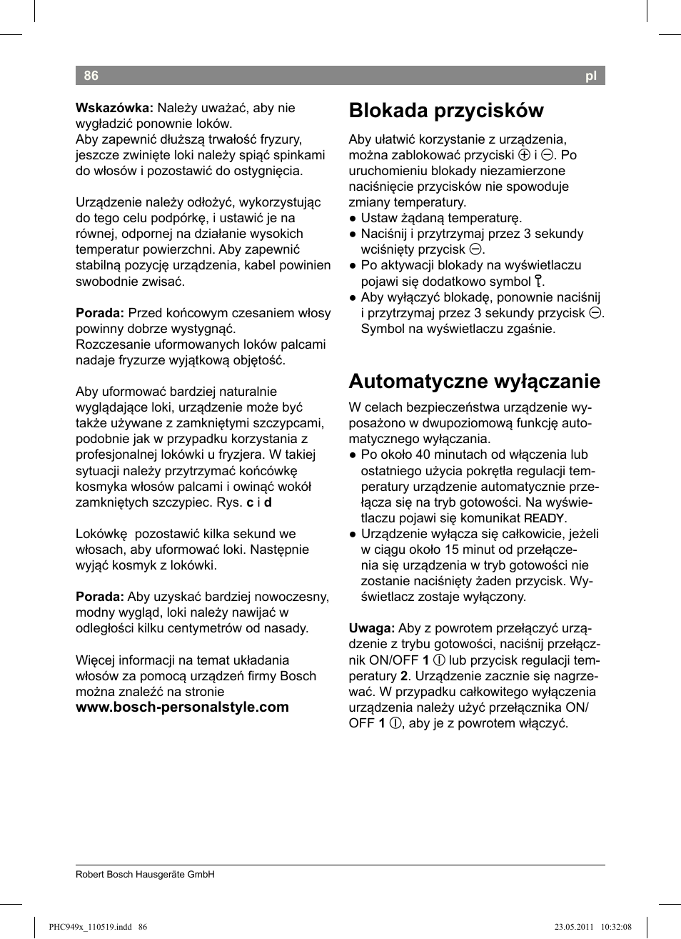 Blokada przycisków, Automatyczne wyłączanie | Bosch PHC9490 Lockenstab ProSalon User Manual | Page 88 / 116