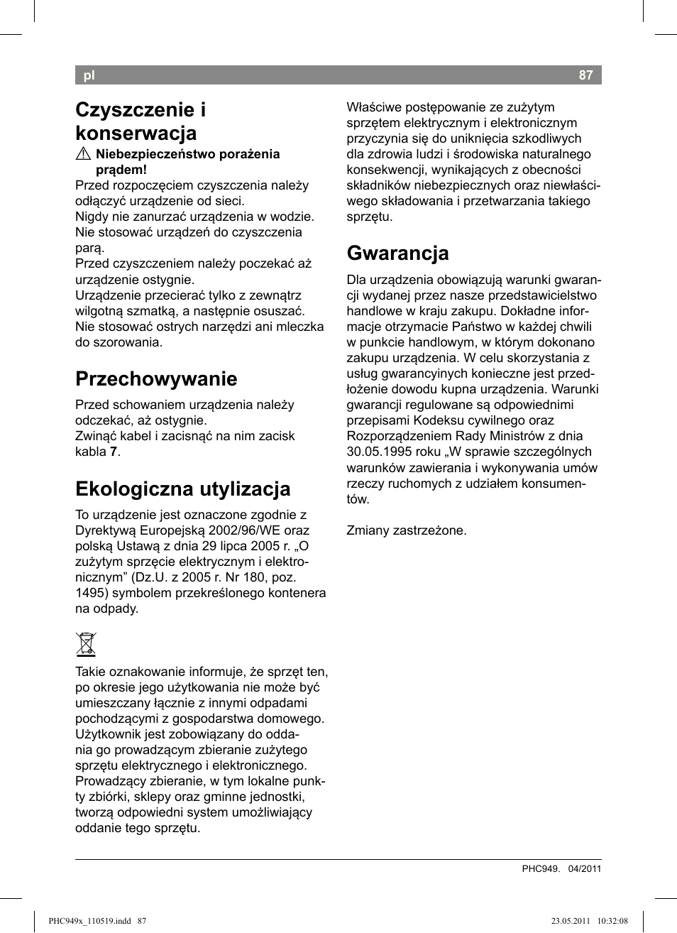 Czyszczenie i konserwacja, Przechowywanie, Ekologiczna utylizacja | Gwarancja | Bosch PHC9490 Lockenstab ProSalon User Manual | Page 89 / 116