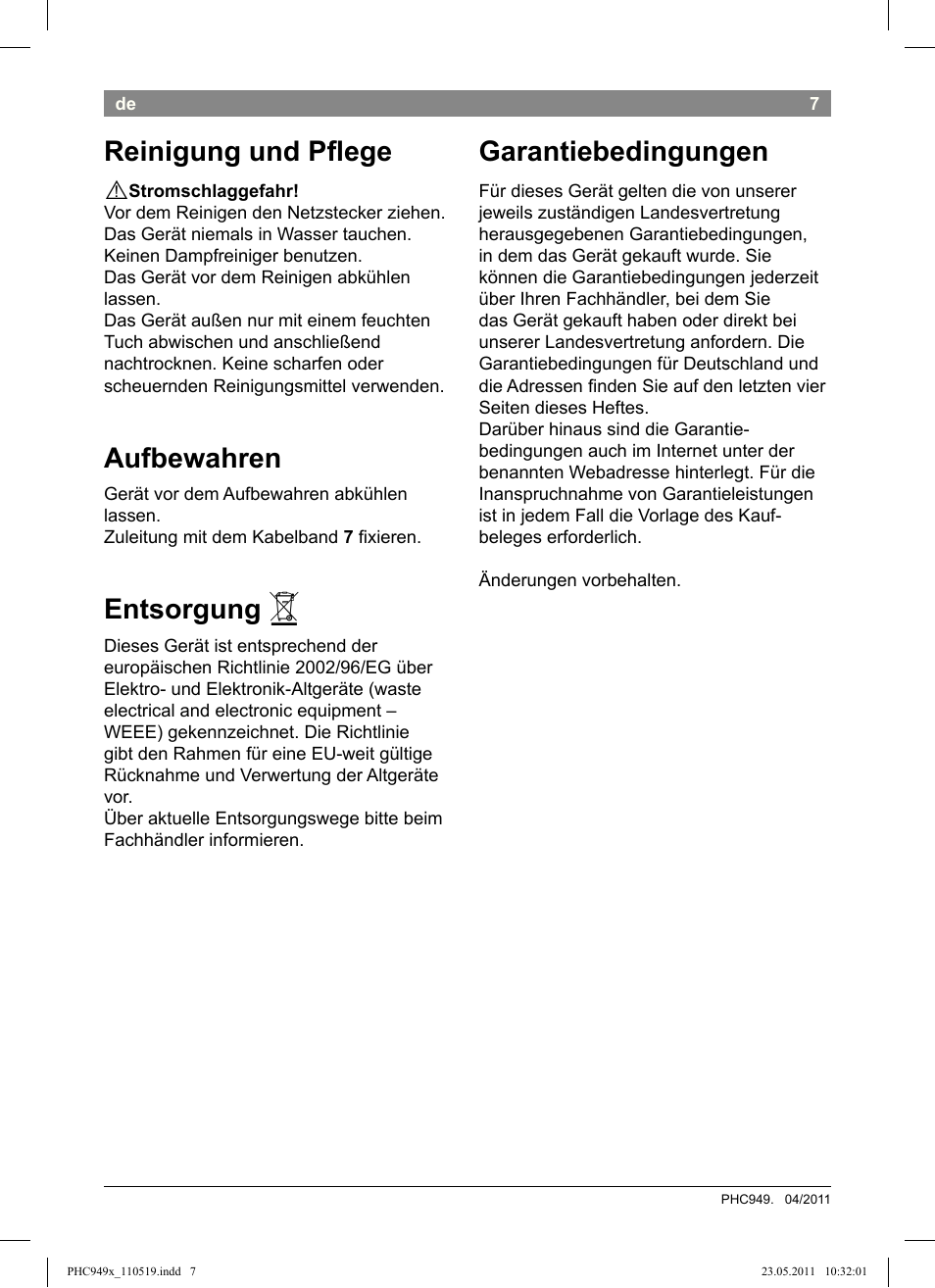 Reinigung und plege, Aufbewahren, Entsorgung | Garantiebedingungen | Bosch PHC9490 Lockenstab ProSalon User Manual | Page 9 / 116