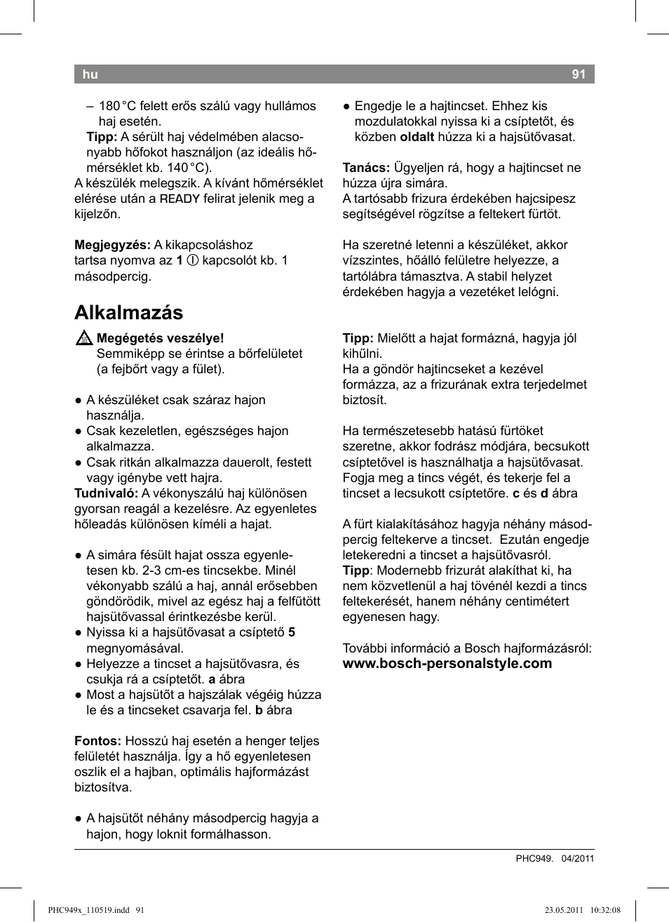 Alkalmazás | Bosch PHC9490 Lockenstab ProSalon User Manual | Page 93 / 116