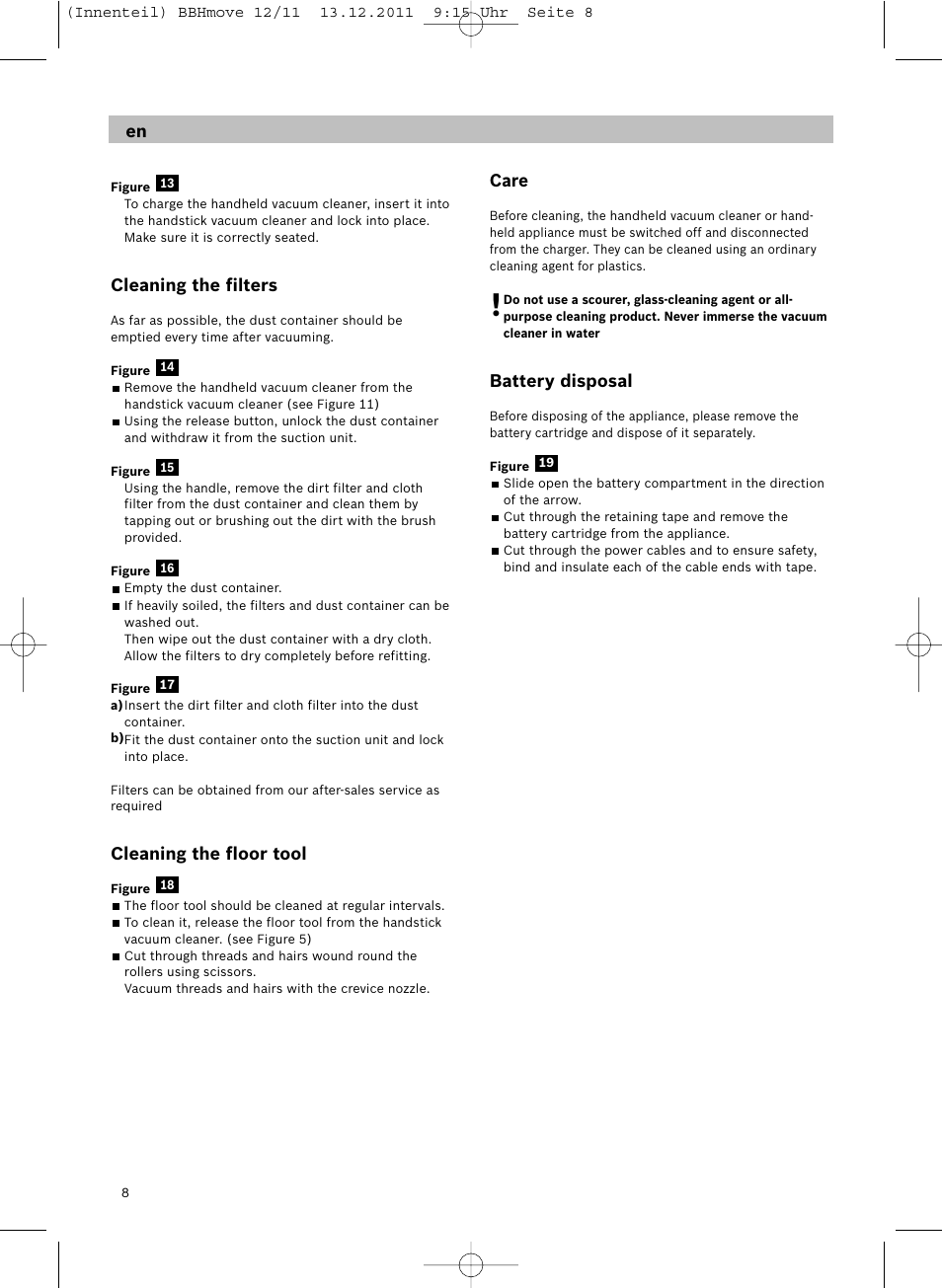 Cleaning the filters, Cleaning the floor tool, Care | Battery disposal | Bosch Hand-Akkusauger 2-in-1 BBHMOVE4 champagner metallic Move 2in1 18V User Manual | Page 10 / 94