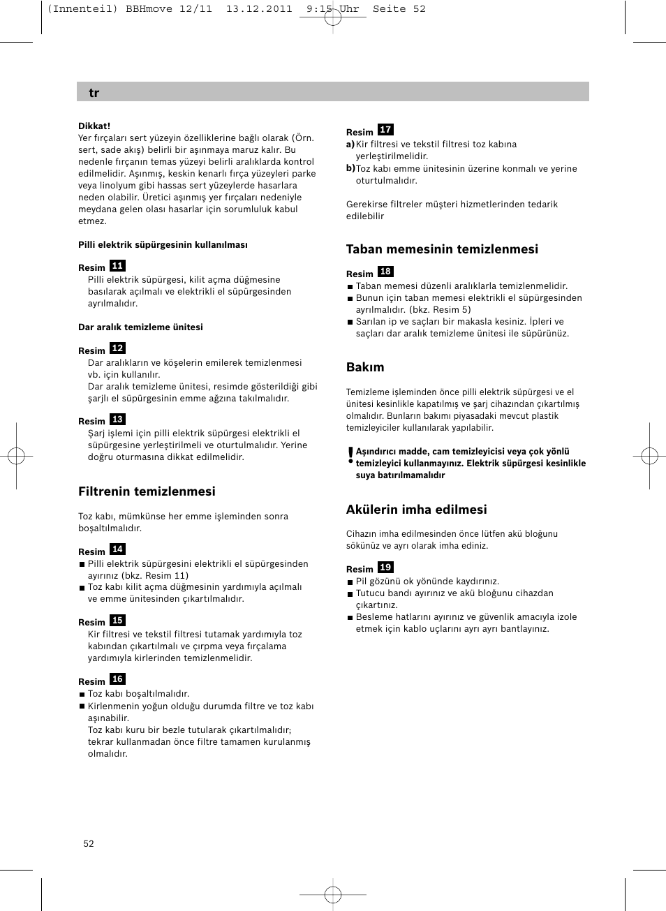 Filtrenin temizlenmesi, Taban memesinin temizlenmesi, Bakım | Akülerin imha edilmesi | Bosch Hand-Akkusauger 2-in-1 BBHMOVE4 champagner metallic Move 2in1 18V User Manual | Page 54 / 94