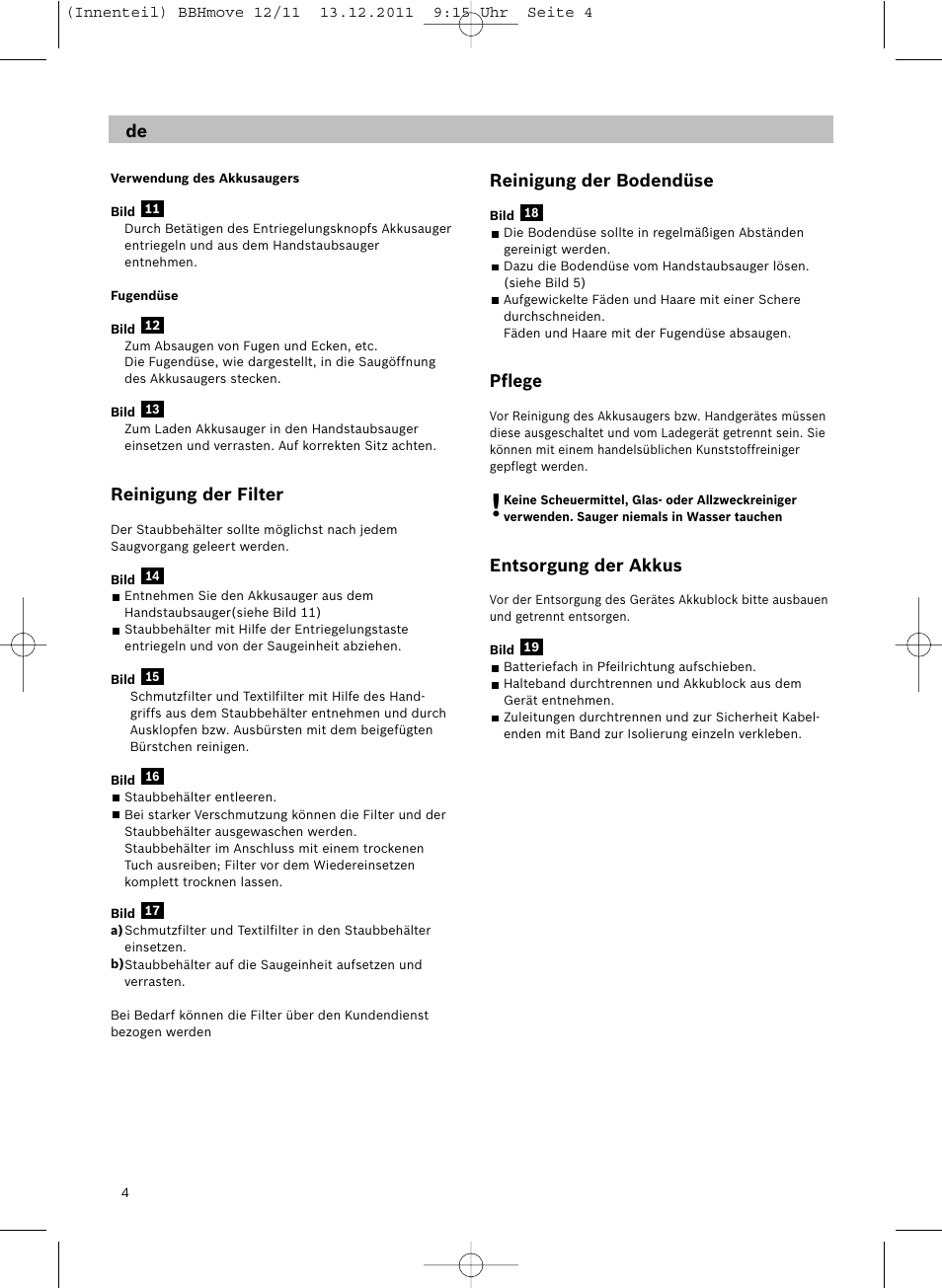 Reinigung der filter, Reinigung der bodendüse, Pflege | Entsorgung der akkus | Bosch Hand-Akkusauger 2-in-1 BBHMOVE4 champagner metallic Move 2in1 18V User Manual | Page 6 / 94
