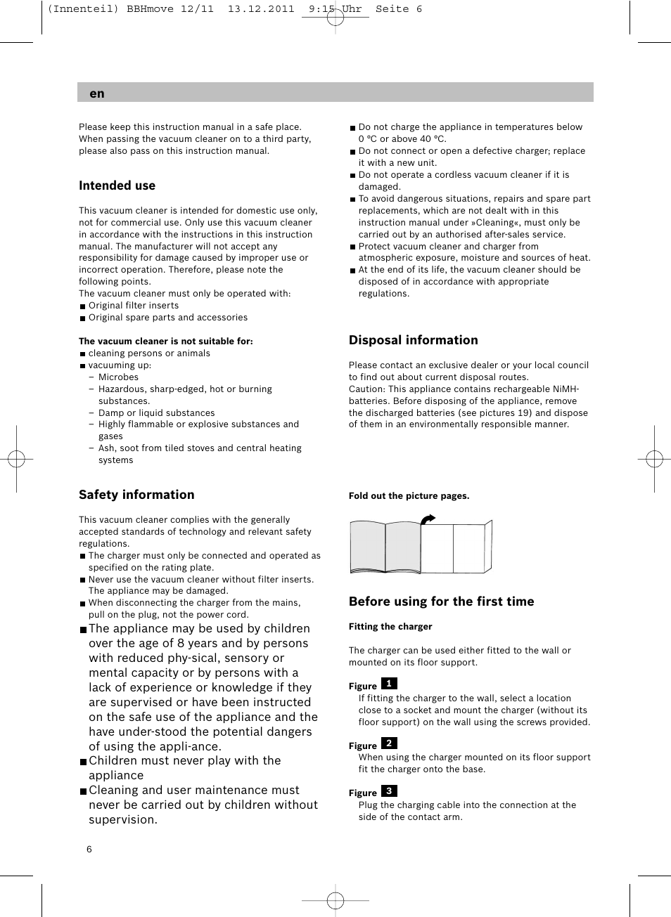 Intended use, Safety information, Disposal information | Before using for the first time | Bosch Hand-Akkusauger 2-in-1 BBHMOVE4 champagner metallic Move 2in1 18V User Manual | Page 8 / 94