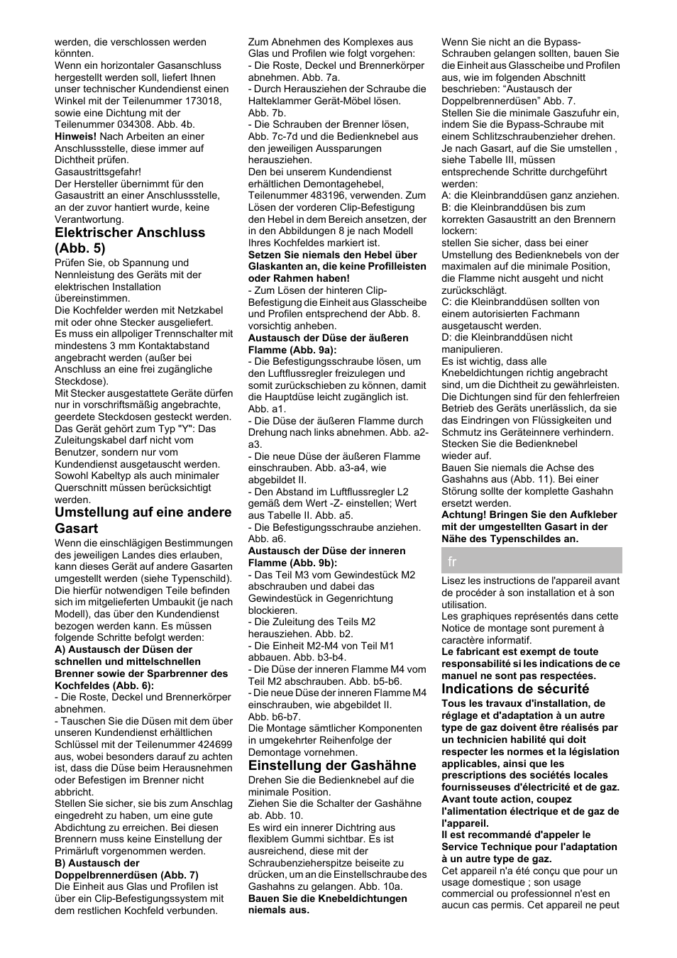 Elektrischer anschluss (abb. 5), Umstellung auf eine andere gasart, Einstellung der gashähne | Indications de sécurité | Bosch PRS926F70E Gas-Kochstelle Glaskeramik 90 cm User Manual | Page 8 / 20