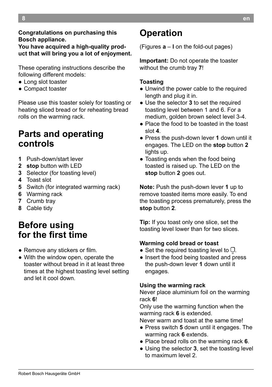 Parts and operating controls, Before using for the first time, Operation | Bosch TAT3A001 Toaster Langschlitz CompactClass Primärfarbe weiß Sekundärfarbe Hellgrau User Manual | Page 11 / 89