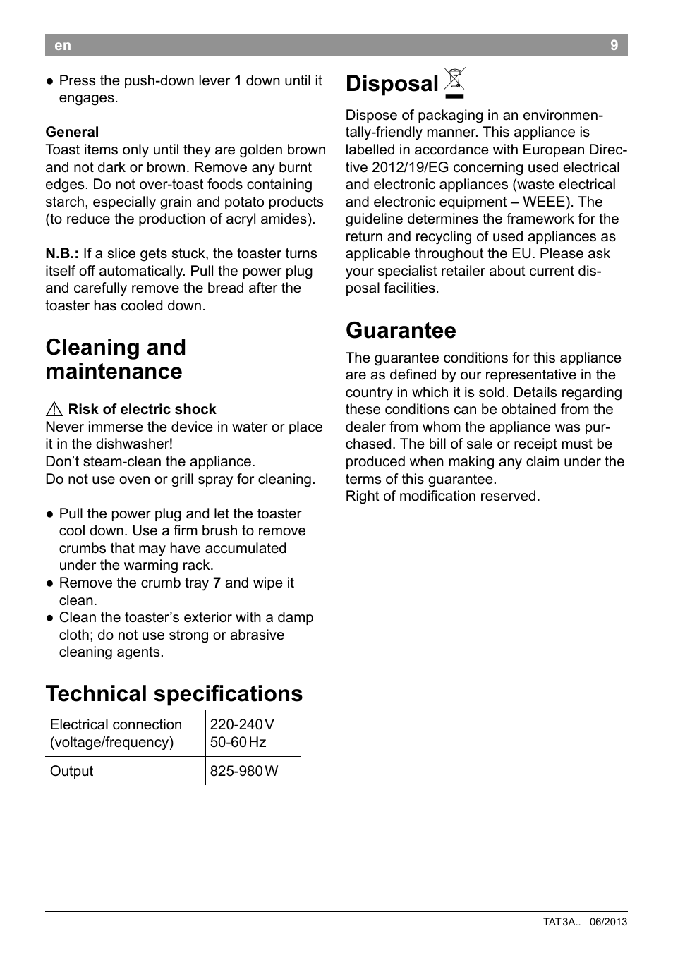 Cleaning and maintenance, Technical specifications, Disposal | Guarantee | Bosch TAT3A001 Toaster Langschlitz CompactClass Primärfarbe weiß Sekundärfarbe Hellgrau User Manual | Page 12 / 89