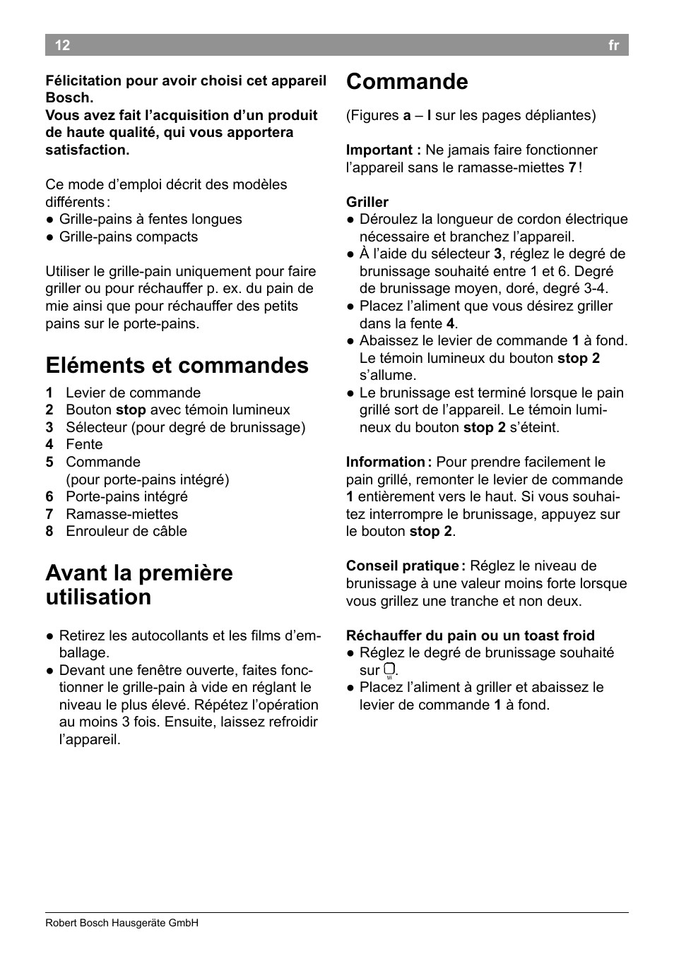 Eléments et commandes, Avant la première utilisation, Commande | Bosch TAT3A001 Toaster Langschlitz CompactClass Primärfarbe weiß Sekundärfarbe Hellgrau User Manual | Page 15 / 89