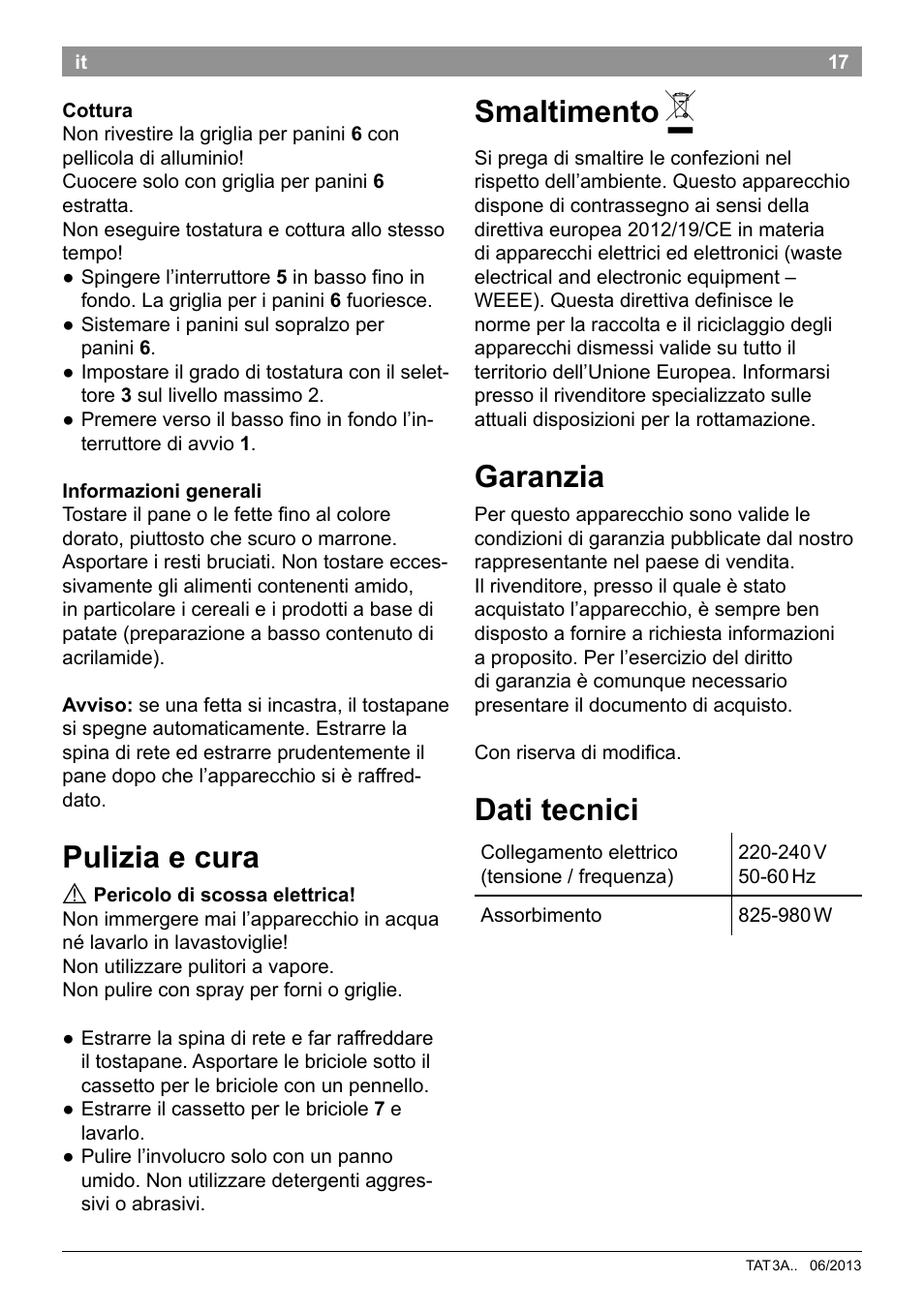 Pulizia e cura, Smaltimento, Garanzia | Dati tecnici | Bosch TAT3A001 Toaster Langschlitz CompactClass Primärfarbe weiß Sekundärfarbe Hellgrau User Manual | Page 20 / 89