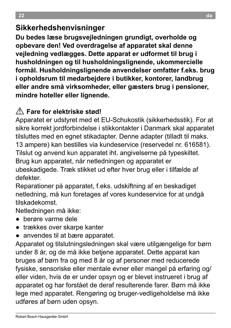 Sikkerhedshenvisninger | Bosch TAT3A001 Toaster Langschlitz CompactClass Primärfarbe weiß Sekundärfarbe Hellgrau User Manual | Page 25 / 89