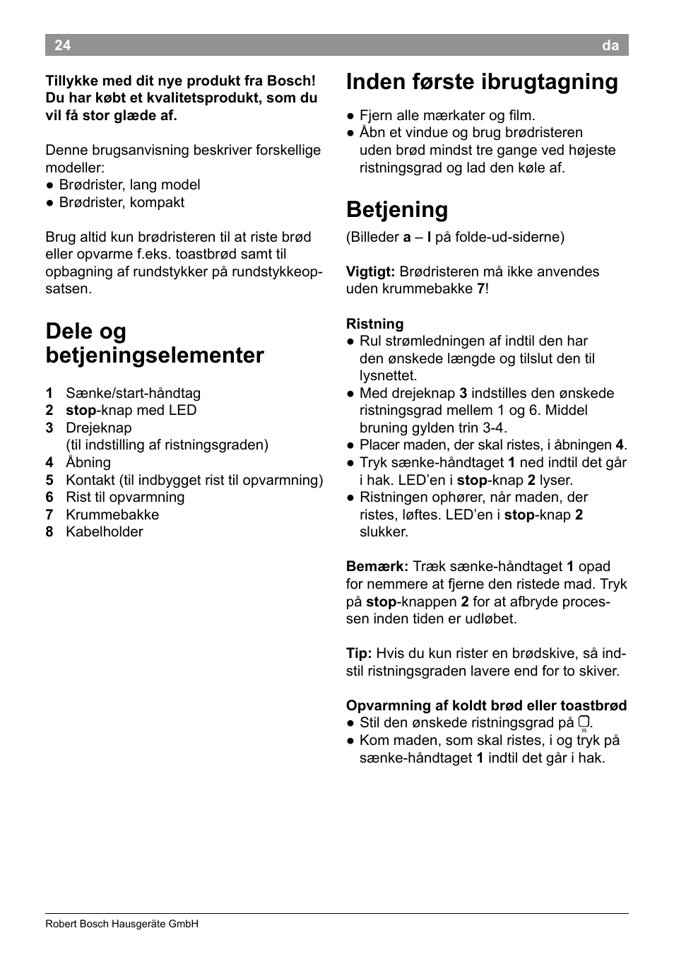 Dele og betjeningselementer, Inden første ibrugtagning, Betjening | Bosch TAT3A001 Toaster Langschlitz CompactClass Primärfarbe weiß Sekundärfarbe Hellgrau User Manual | Page 27 / 89