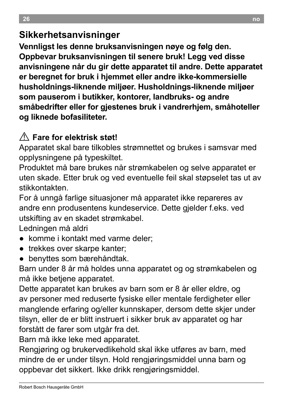 Sikkerhetsanvisninger | Bosch TAT3A001 Toaster Langschlitz CompactClass Primärfarbe weiß Sekundärfarbe Hellgrau User Manual | Page 29 / 89