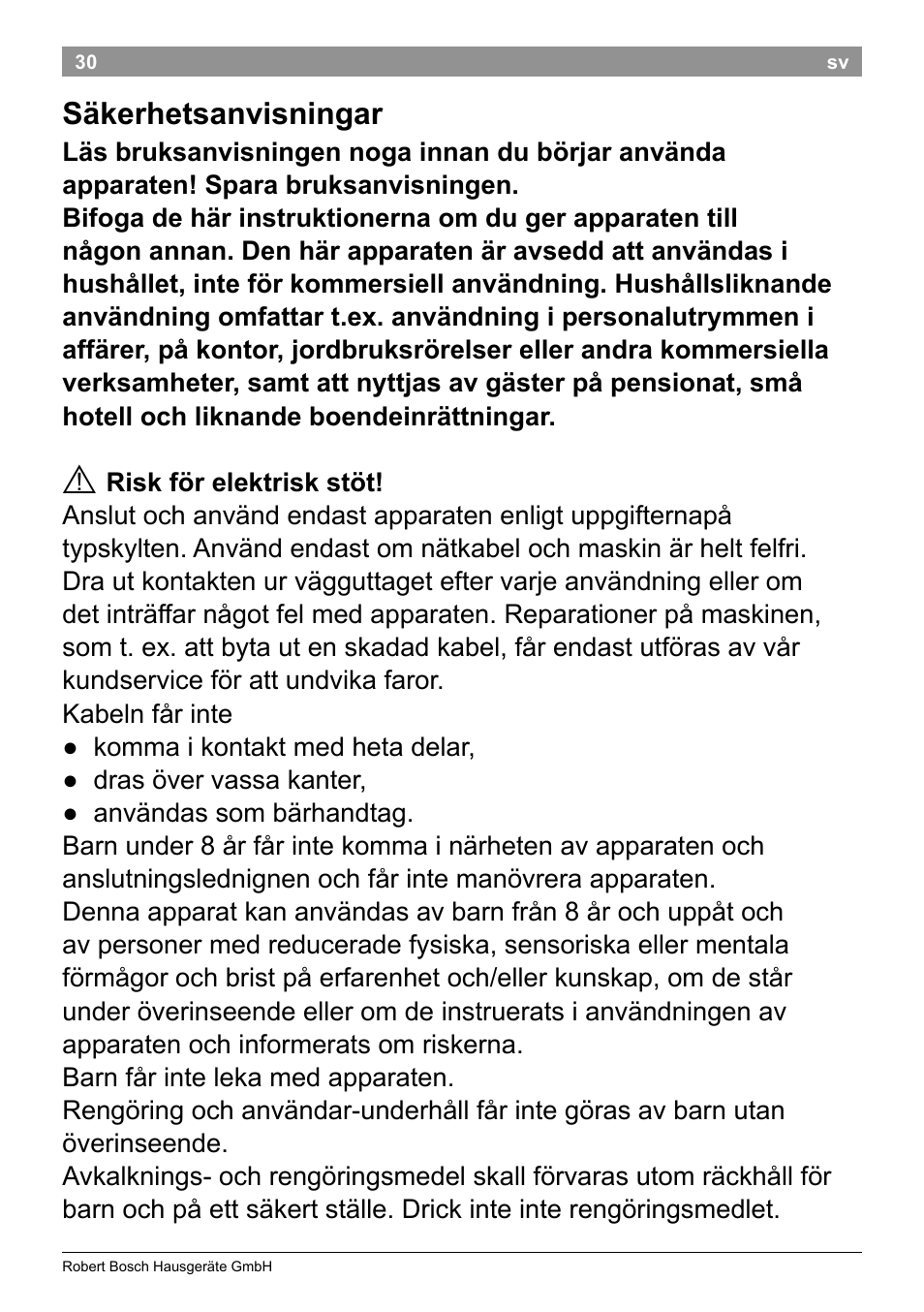 Säkerhetsanvisningar | Bosch TAT3A001 Toaster Langschlitz CompactClass Primärfarbe weiß Sekundärfarbe Hellgrau User Manual | Page 33 / 89