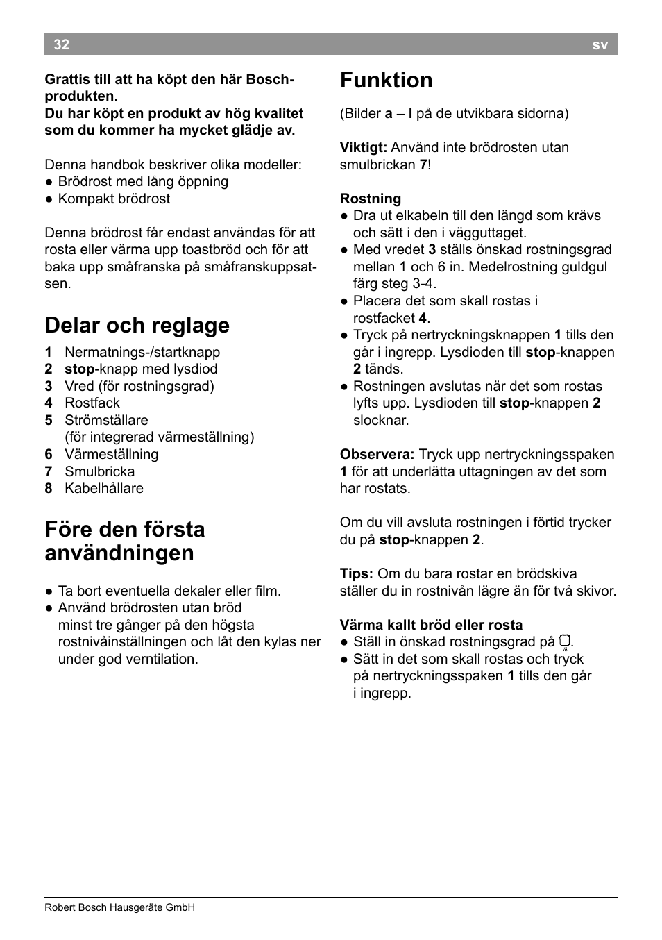 Delar och reglage, Före den första användningen, Funktion | Bosch TAT3A001 Toaster Langschlitz CompactClass Primärfarbe weiß Sekundärfarbe Hellgrau User Manual | Page 35 / 89