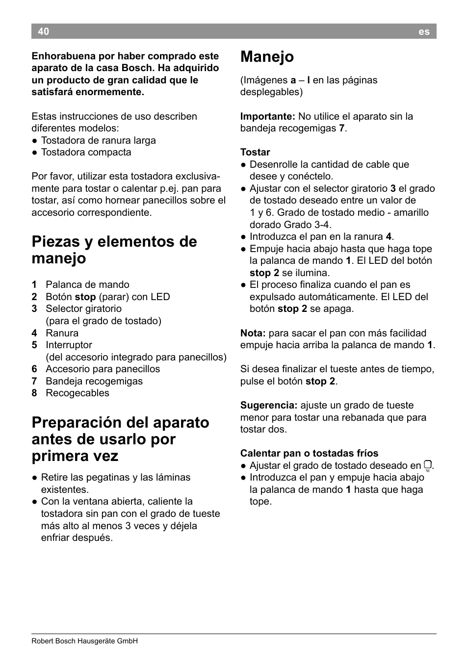 Piezas y elementos de manejo, Manejo | Bosch TAT3A001 Toaster Langschlitz CompactClass Primärfarbe weiß Sekundärfarbe Hellgrau User Manual | Page 43 / 89