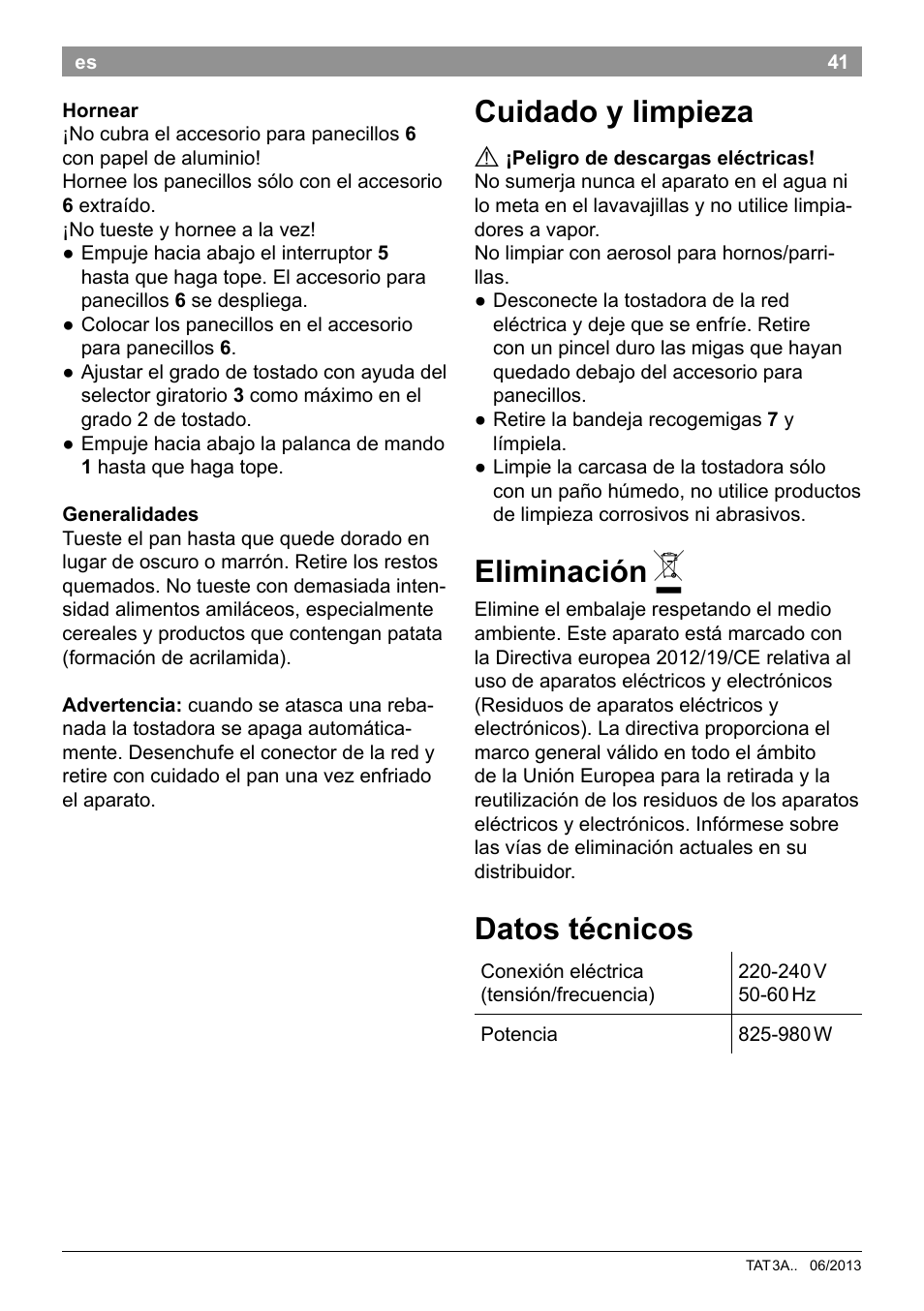 Cuidado y limpieza, Eliminación, Datos técnicos | Bosch TAT3A001 Toaster Langschlitz CompactClass Primärfarbe weiß Sekundärfarbe Hellgrau User Manual | Page 44 / 89