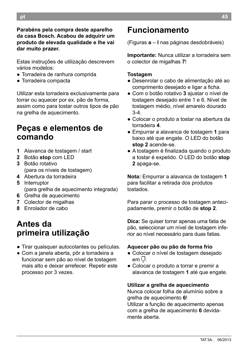 Peças e elementos de comando, Antes da primeira utilização, Funcionamento | Bosch TAT3A001 Toaster Langschlitz CompactClass Primärfarbe weiß Sekundärfarbe Hellgrau User Manual | Page 48 / 89