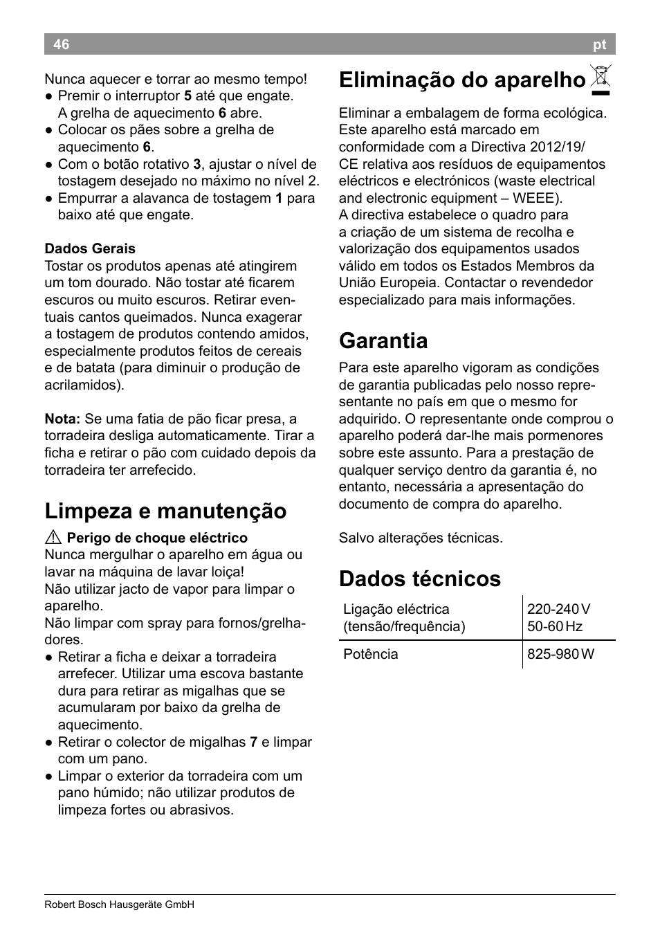 Limpeza e manutenção, Eliminação do aparelho, Garantia | Dados técnicos | Bosch TAT3A001 Toaster Langschlitz CompactClass Primärfarbe weiß Sekundärfarbe Hellgrau User Manual | Page 49 / 89