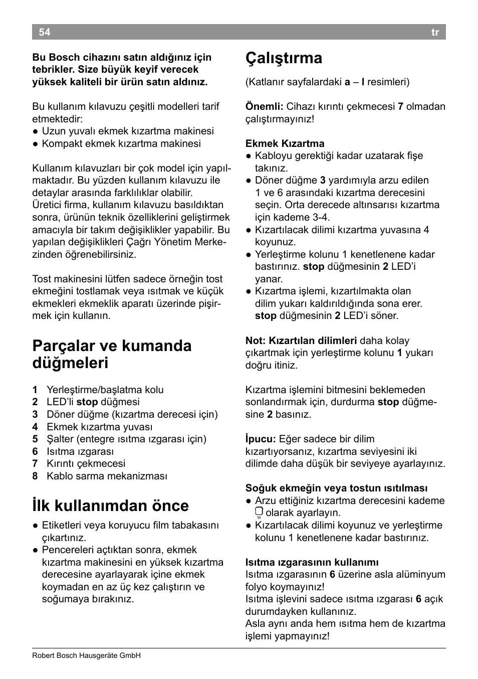 Parçalar ve kumanda düğmeleri, Ilk kullanımdan önce, Çalıştırma | Bosch TAT3A001 Toaster Langschlitz CompactClass Primärfarbe weiß Sekundärfarbe Hellgrau User Manual | Page 57 / 89