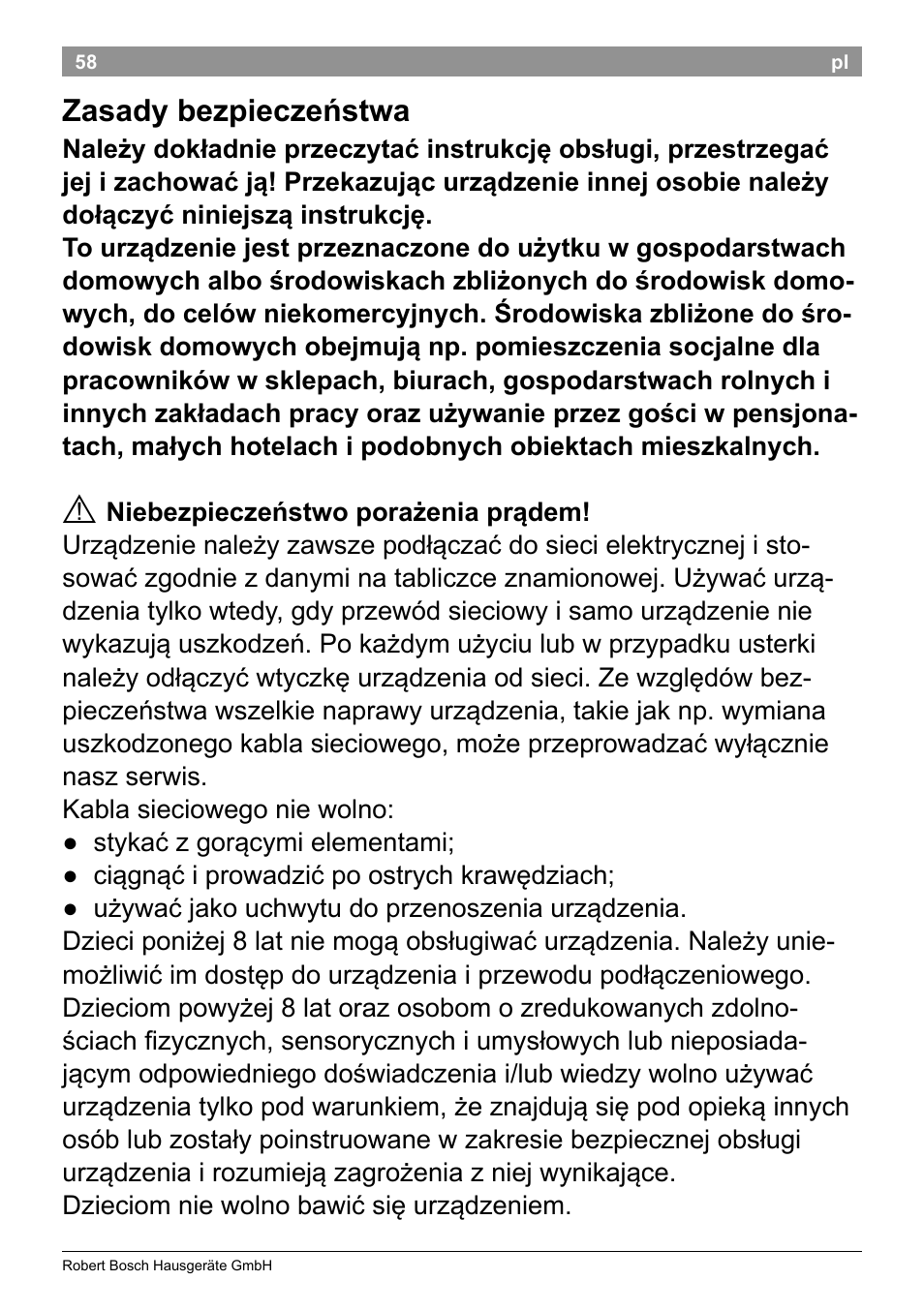 Zasady bezpieczeństwa | Bosch TAT3A001 Toaster Langschlitz CompactClass Primärfarbe weiß Sekundärfarbe Hellgrau User Manual | Page 61 / 89