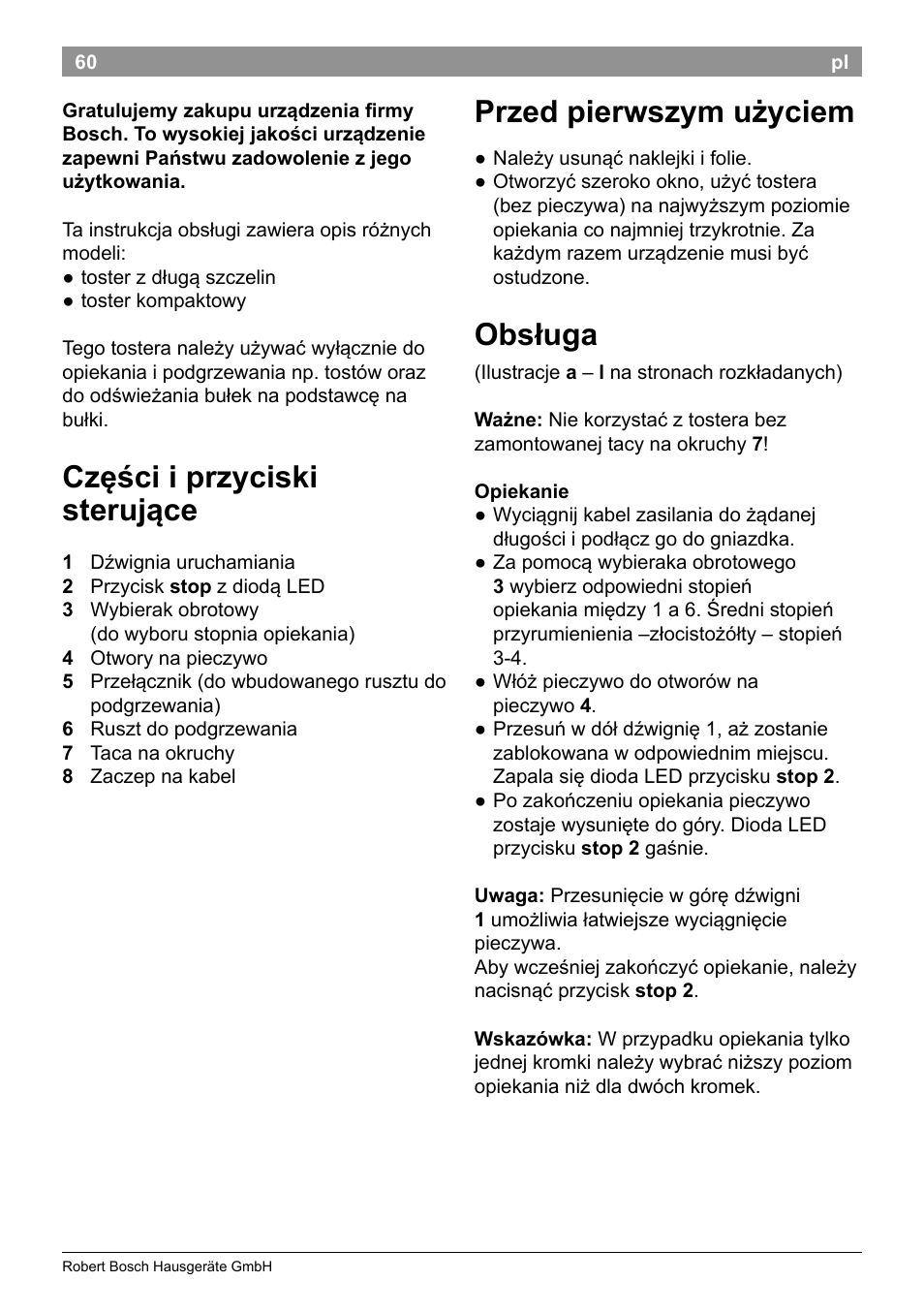 Części i przyciski sterujące, Przed pierwszym użyciem, Obsługa | Bosch TAT3A001 Toaster Langschlitz CompactClass Primärfarbe weiß Sekundärfarbe Hellgrau User Manual | Page 63 / 89