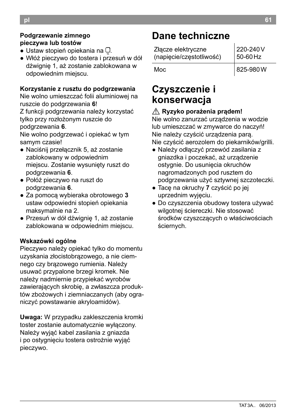 Dane techniczne, Czyszczenie i konserwacja | Bosch TAT3A001 Toaster Langschlitz CompactClass Primärfarbe weiß Sekundärfarbe Hellgrau User Manual | Page 64 / 89