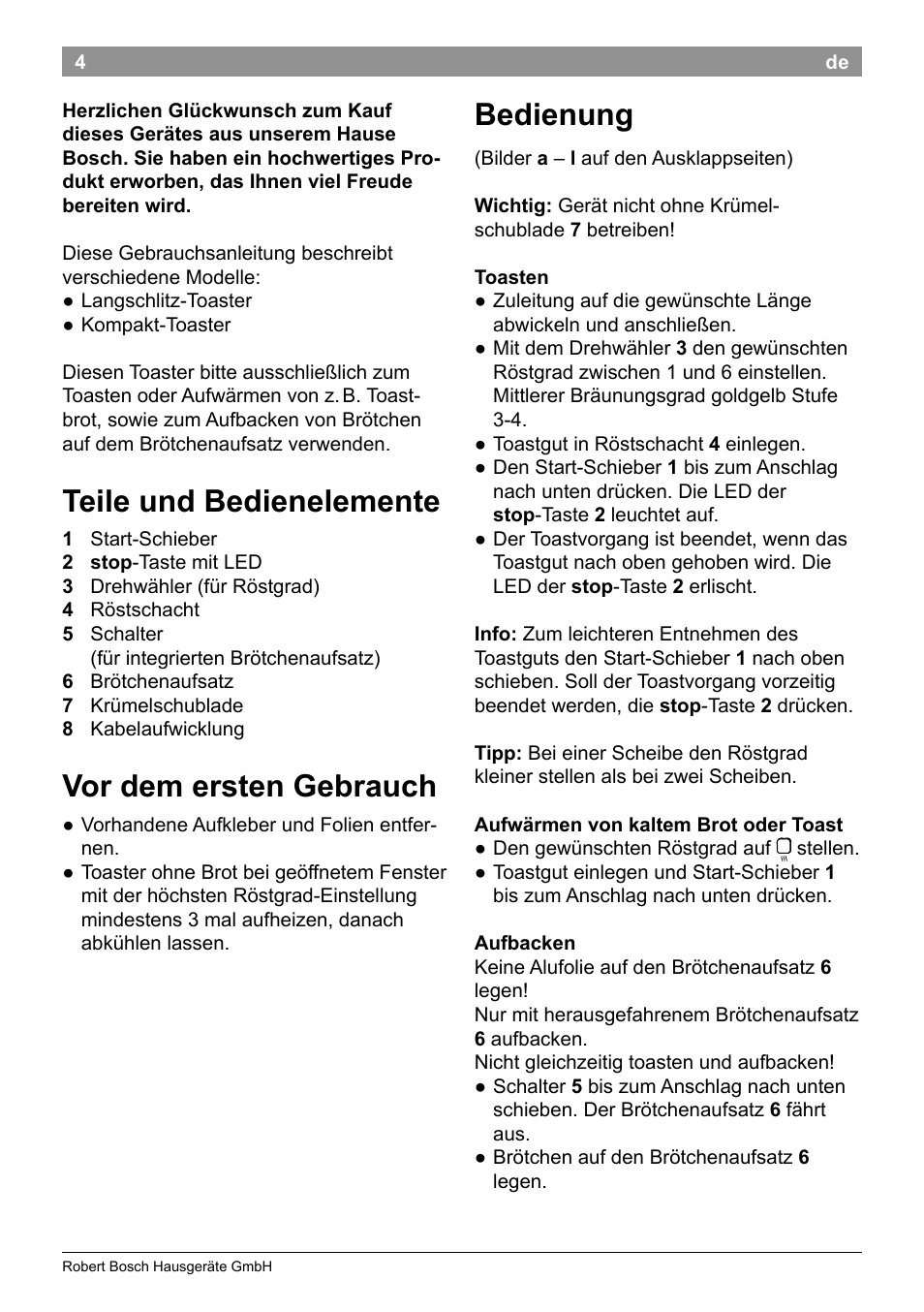 Teile und bedienelemente, Vor dem ersten gebrauch, Bedienung | Bosch TAT3A001 Toaster Langschlitz CompactClass Primärfarbe weiß Sekundärfarbe Hellgrau User Manual | Page 7 / 89