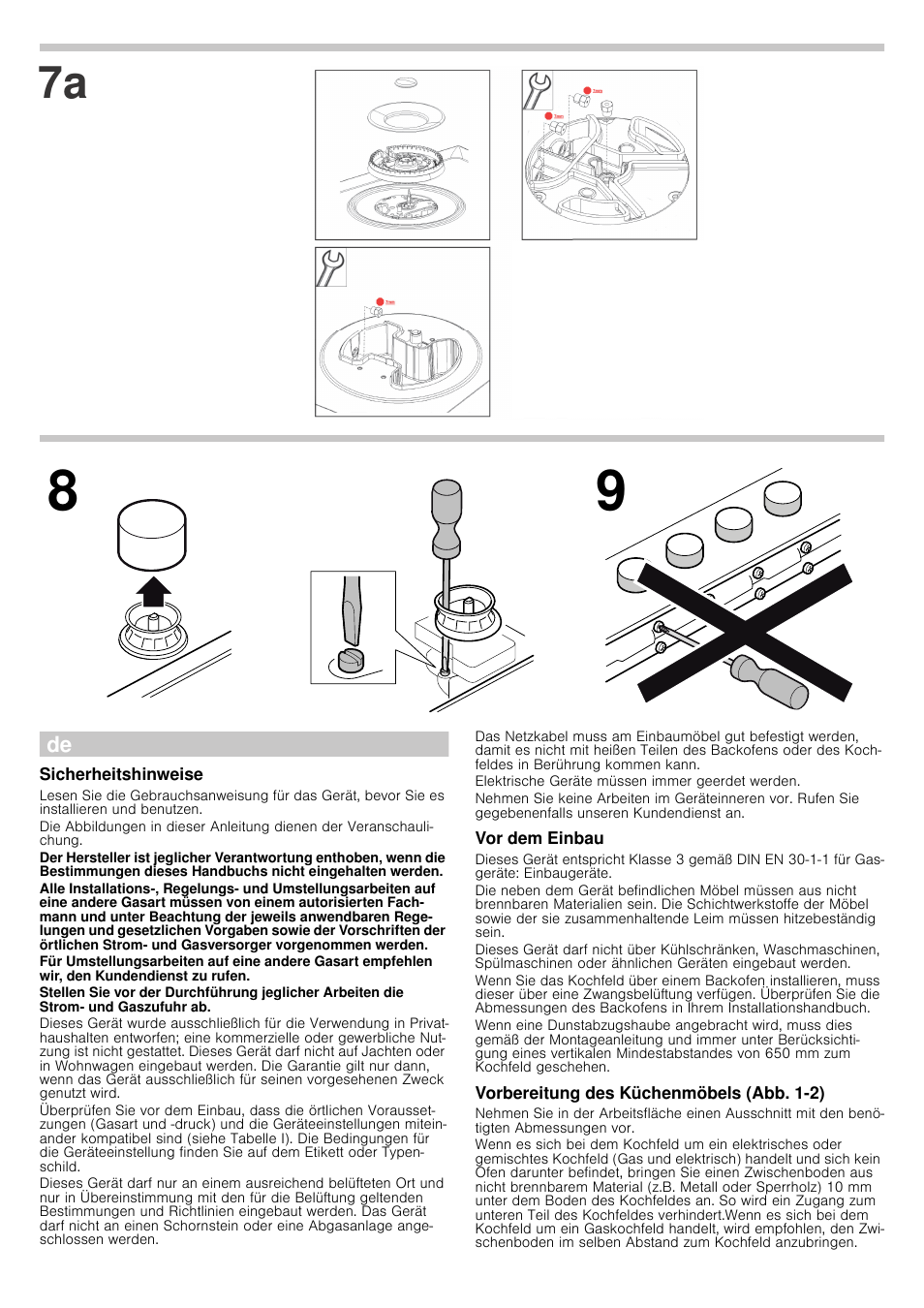 Sicherheitshinweise, Vor dem einbau, Vorbereitung des küchenmöbels (abb. 1-2) | Bosch PCR915B91E Gas-Kochstelle Edelstahl 90 cm User Manual | Page 3 / 16