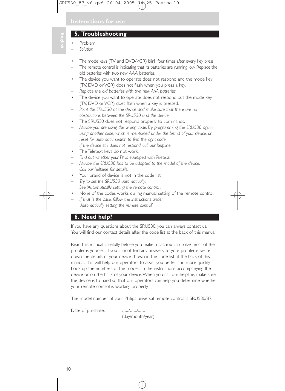 Troubleshooting, Need help, Instructions for use | Philips SRU530 User Manual | Page 10 / 78