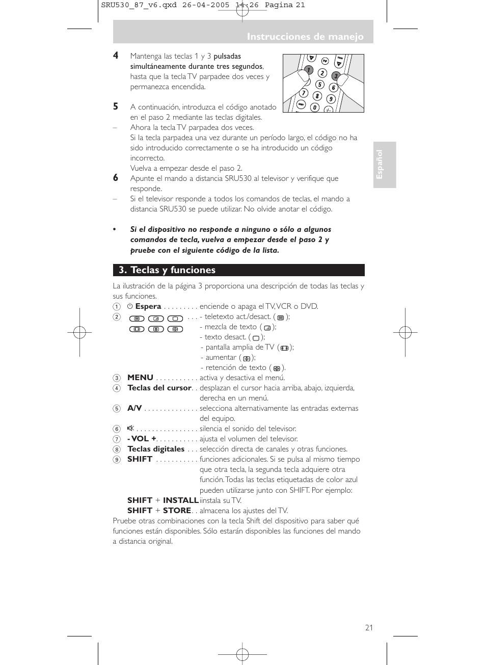 Teclas y funciones, Instrucciones de manejo | Philips SRU530 User Manual | Page 21 / 78