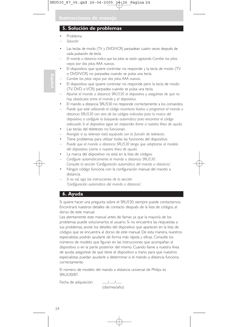 Solución de problemas, Ayuda, Instrucciones de manejo | Philips SRU530 User Manual | Page 24 / 78