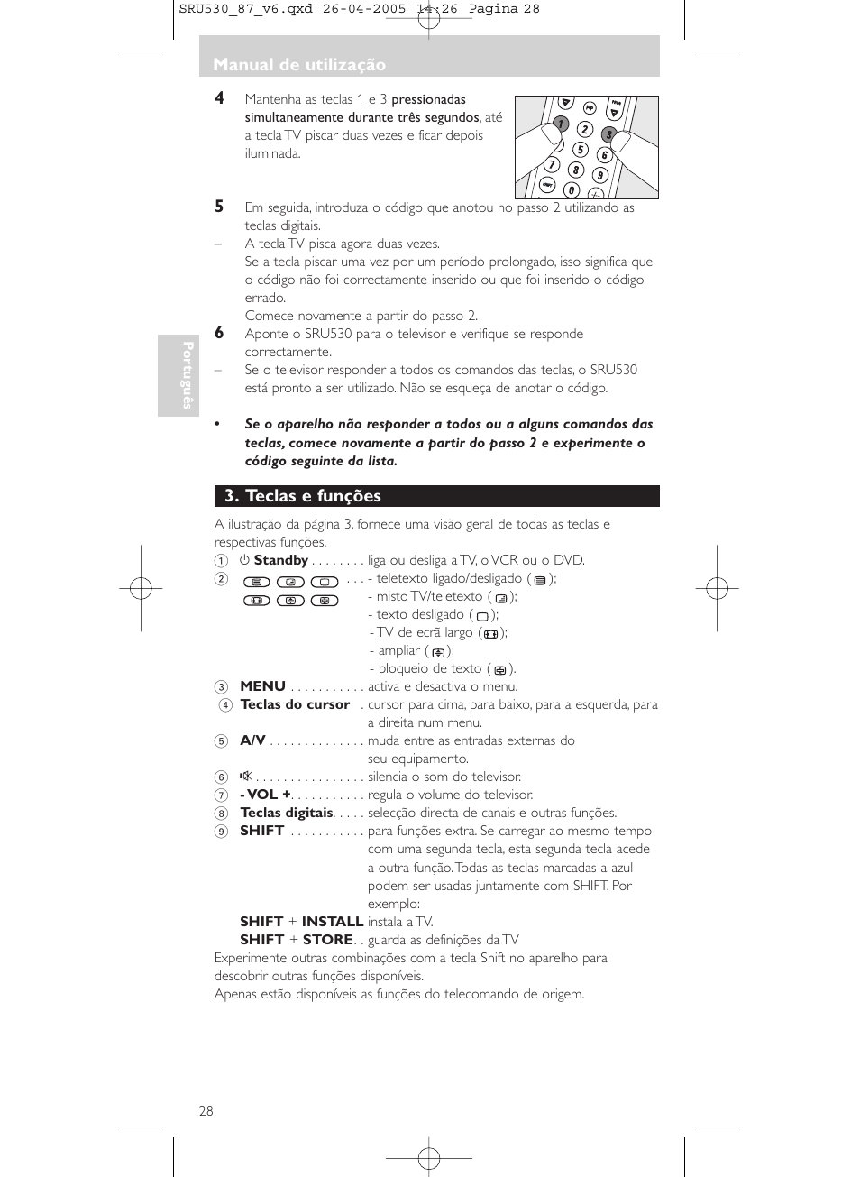 Teclas e funções, Manual de utilização | Philips SRU530 User Manual | Page 28 / 78