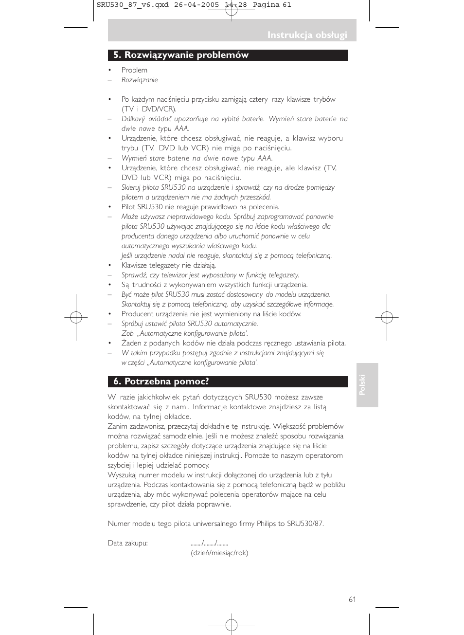 Instrukcja obsługi, Instrukcja obsługi 5. rozwiązywanie problemów, Potrzebna pomoc | Philips SRU530 User Manual | Page 61 / 78