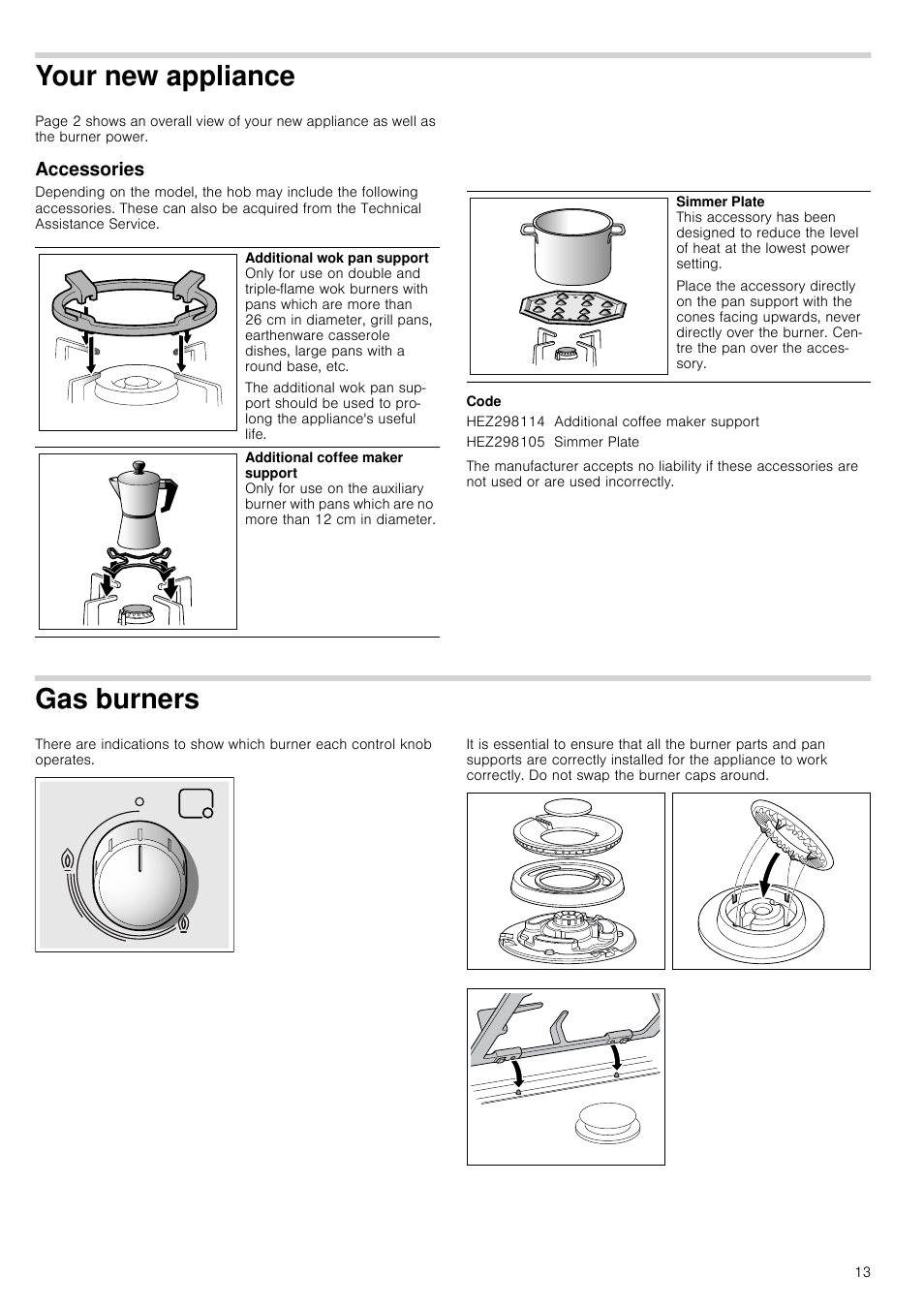 Your new appliance, Accessories, Code | Gas burners, W appliance | Bosch PRR726F71E Gas-Kochstelle Glaskeramik 70 cm User Manual | Page 13 / 59