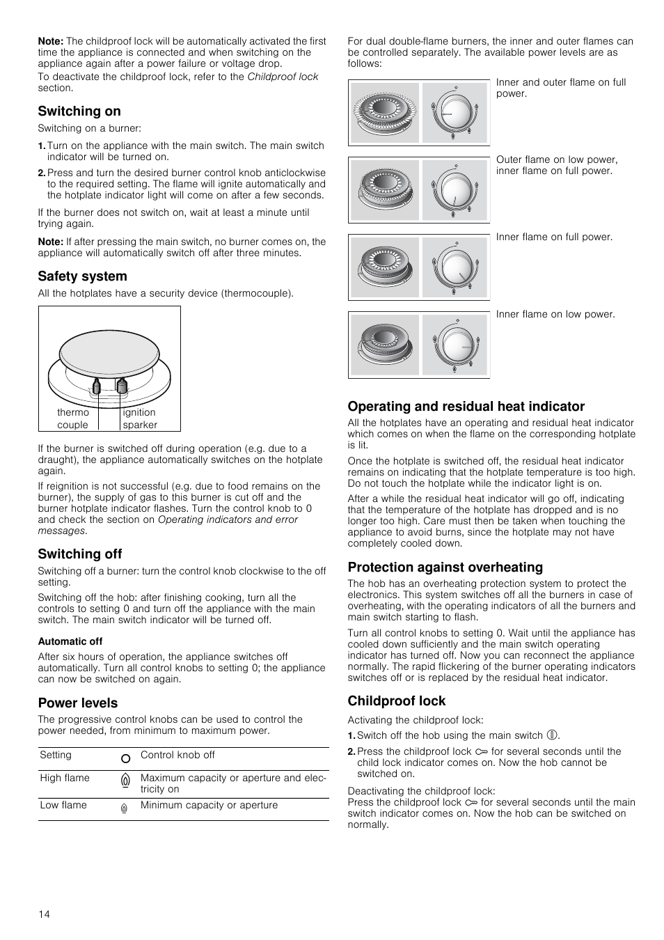 Note, Switching on, Safety system | Switching off, Automatic off, Power levels, Operating and residual heat indicator, Protection against overheating, Childproof lock, Switch off the hob using the main switch | Bosch PRR726F71E Gas-Kochstelle Glaskeramik 70 cm User Manual | Page 14 / 59