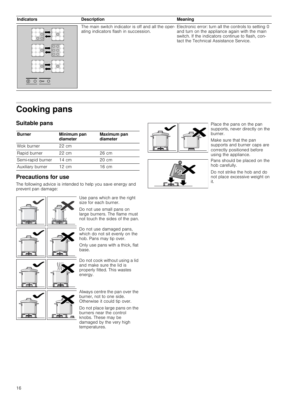 Cooking pans, Suitable pans, Precautions for use | Suitable pans precautions for use | Bosch PRR726F71E Gas-Kochstelle Glaskeramik 70 cm User Manual | Page 16 / 59