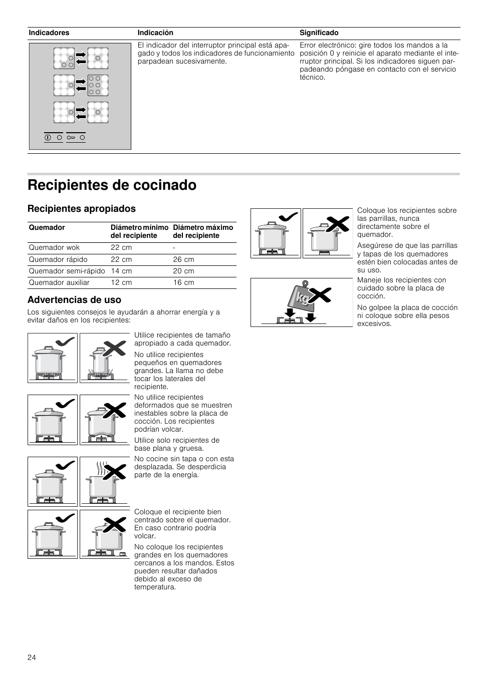 Recipientes de cocinado, Recipientes apropiados, Advertencias de uso | Recipientes de cocinado recipientes apropiados, Recipientes apropiados advertencias de uso | Bosch PRR726F71E Gas-Kochstelle Glaskeramik 70 cm User Manual | Page 24 / 59