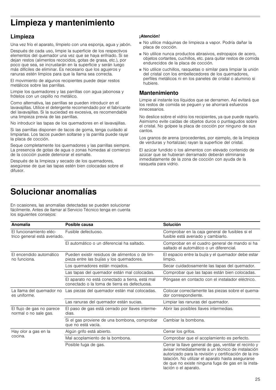 Limpieza y mantenimiento, Limpieza, Atención | Mantenimiento, Solucionar anomalías, O limpieza | Bosch PRR726F71E Gas-Kochstelle Glaskeramik 70 cm User Manual | Page 25 / 59