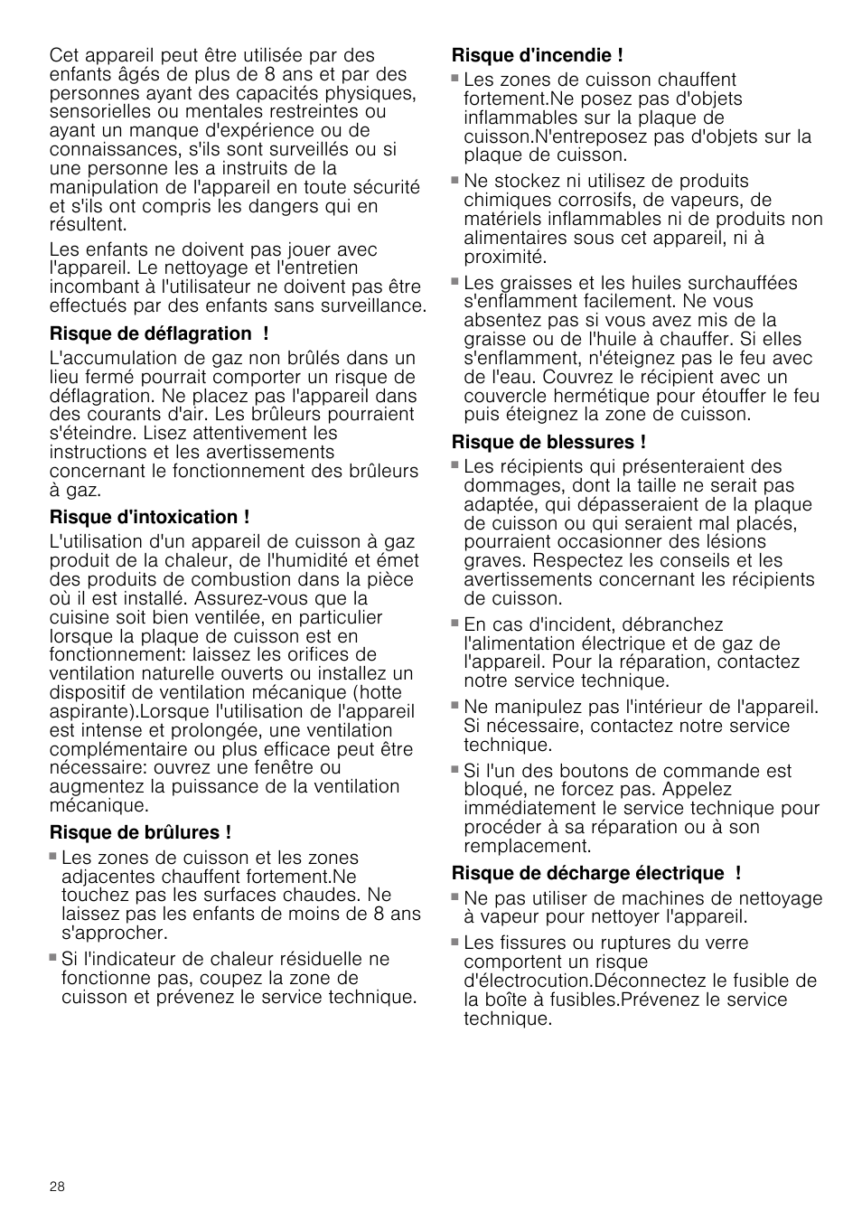 Risque de déflagration, Risque d'intoxication, Risque de brûlures | Risque d'incendie, Risque de blessures, Risque de décharge électrique | Bosch PRR726F71E Gas-Kochstelle Glaskeramik 70 cm User Manual | Page 28 / 59