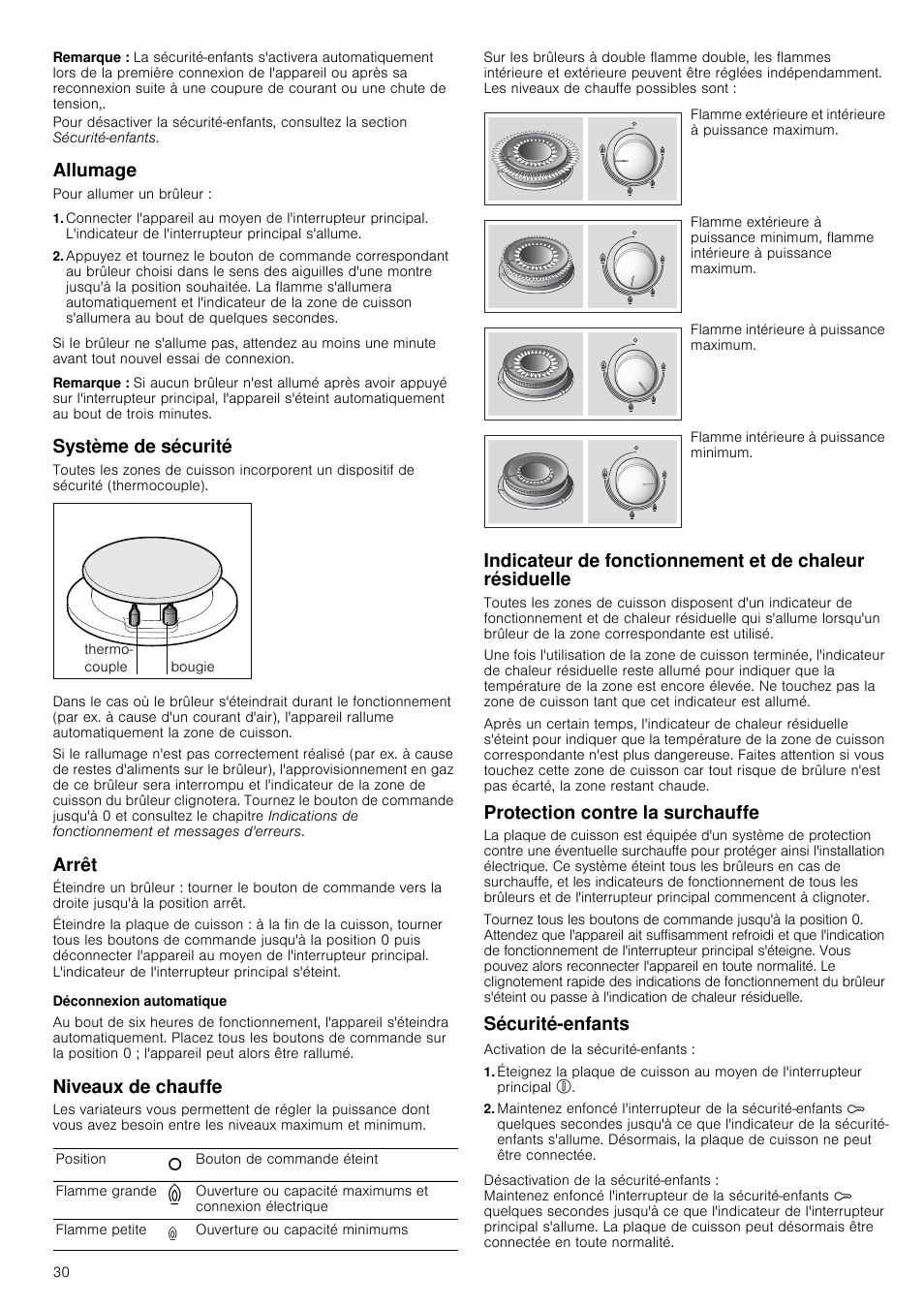Remarque, Allumage, Système de sécurité | Arrêt, Déconnexion automatique, Niveaux de chauffe, Protection contre la surchauffe, Sécurité-enfants | Bosch PRR726F71E Gas-Kochstelle Glaskeramik 70 cm User Manual | Page 30 / 59