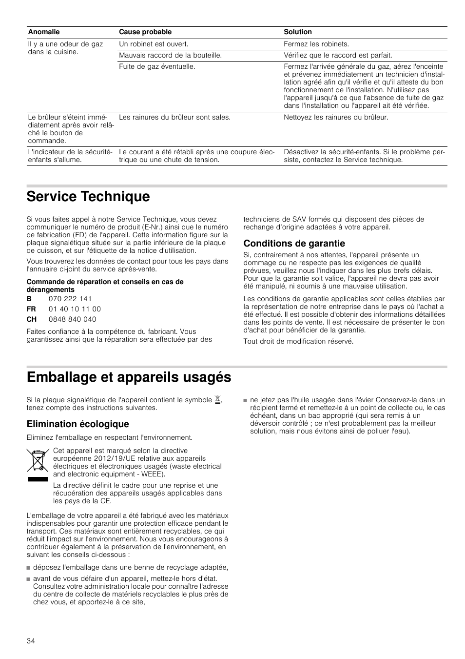 Service technique, Conditions de garantie, Emballage et appareils usagés | Elimination écologique | Bosch PRR726F71E Gas-Kochstelle Glaskeramik 70 cm User Manual | Page 34 / 59