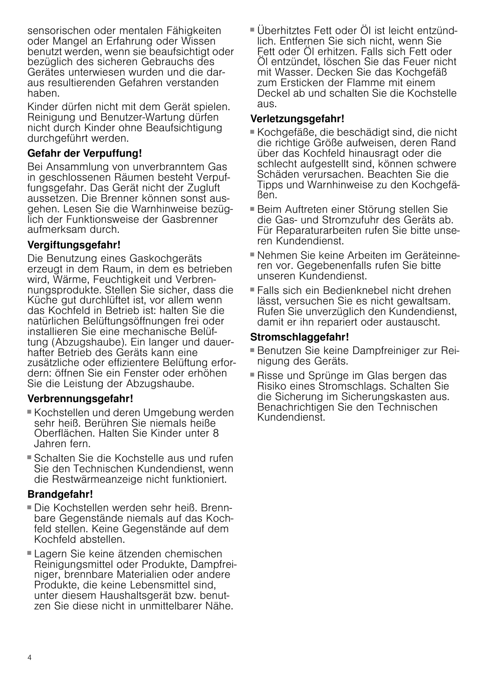 Gefahr der verpuffung, Vergiftungsgefahr, Verbrennungsgefahr | Brandgefahr, Verletzungsgefahr, Stromschlaggefahr | Bosch PRR726F71E Gas-Kochstelle Glaskeramik 70 cm User Manual | Page 4 / 59