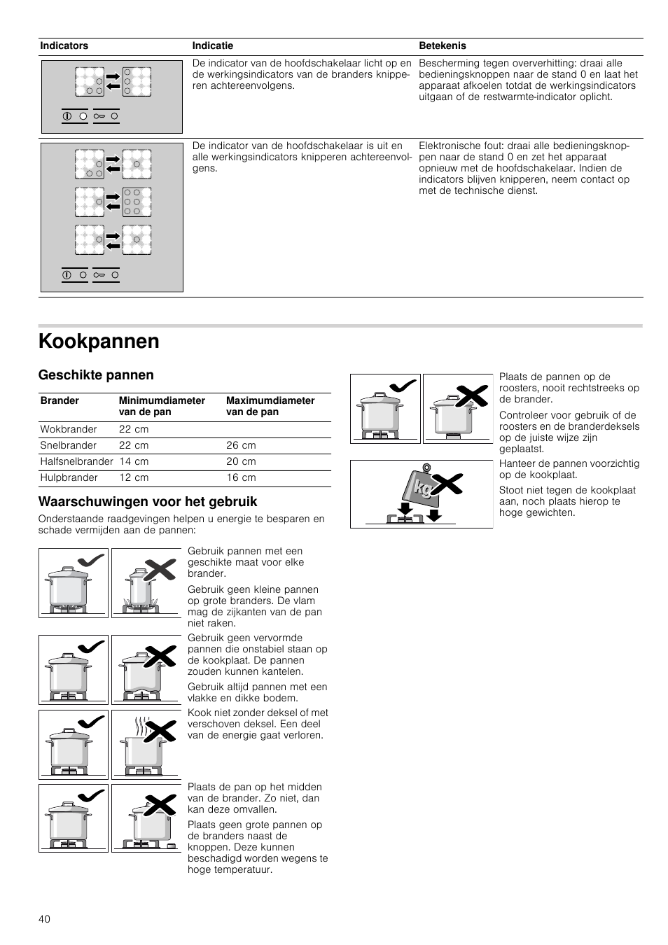 Kookpannen, Geschikte pannen, Waarschuwingen voor het gebruik | Ookpannen geschikte pannen, Geschikte pannen waarschuwingen voor het gebruik | Bosch PRR726F71E Gas-Kochstelle Glaskeramik 70 cm User Manual | Page 40 / 59